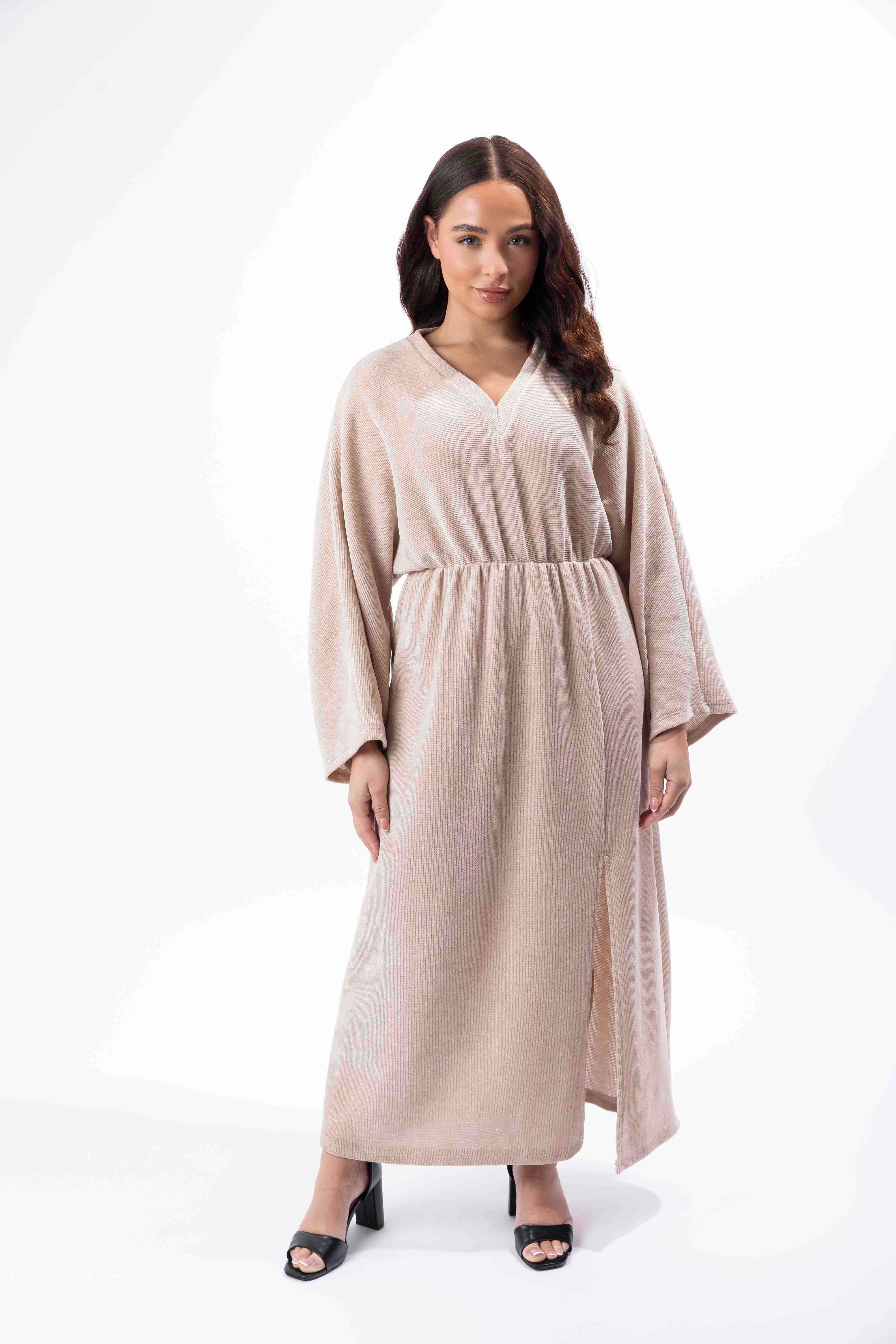 Textured Velour Bat Sleeve Side Slit Long Dress-SinglePrice