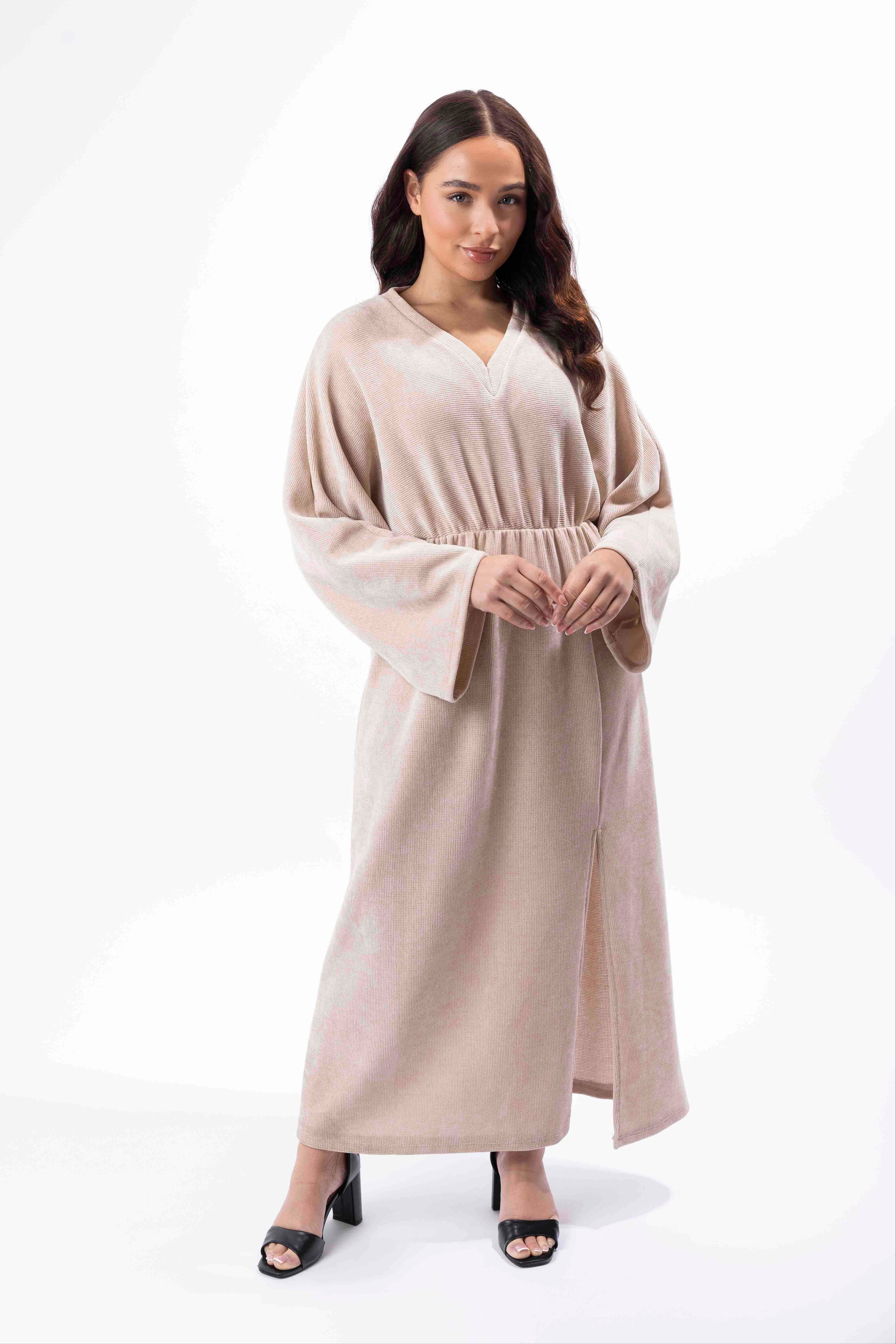 Textured Velour Bat Sleeve Side Slit Long Dress-SinglePrice