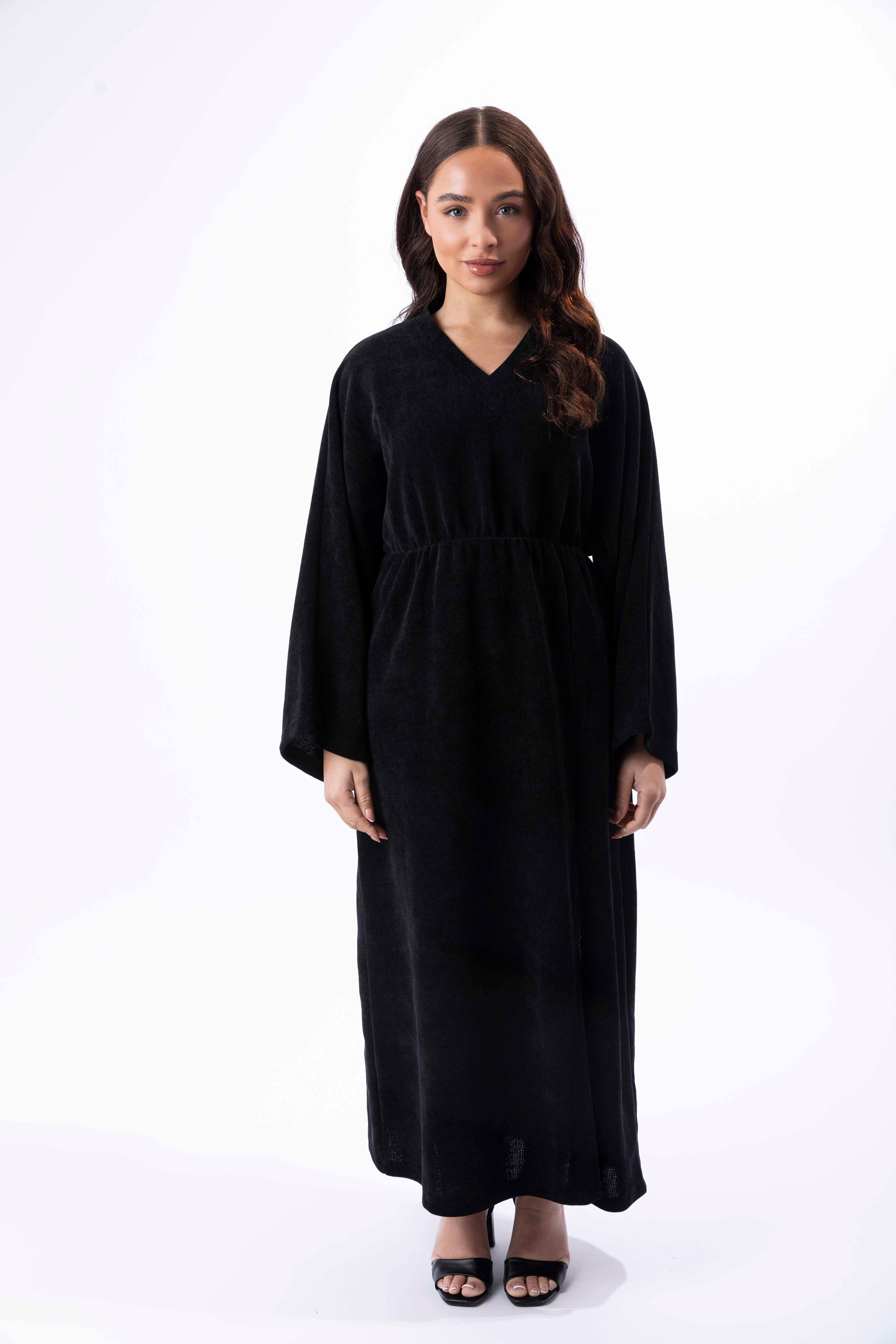 Textured Velour Bat Sleeve Side Slit Long Dress-SinglePrice