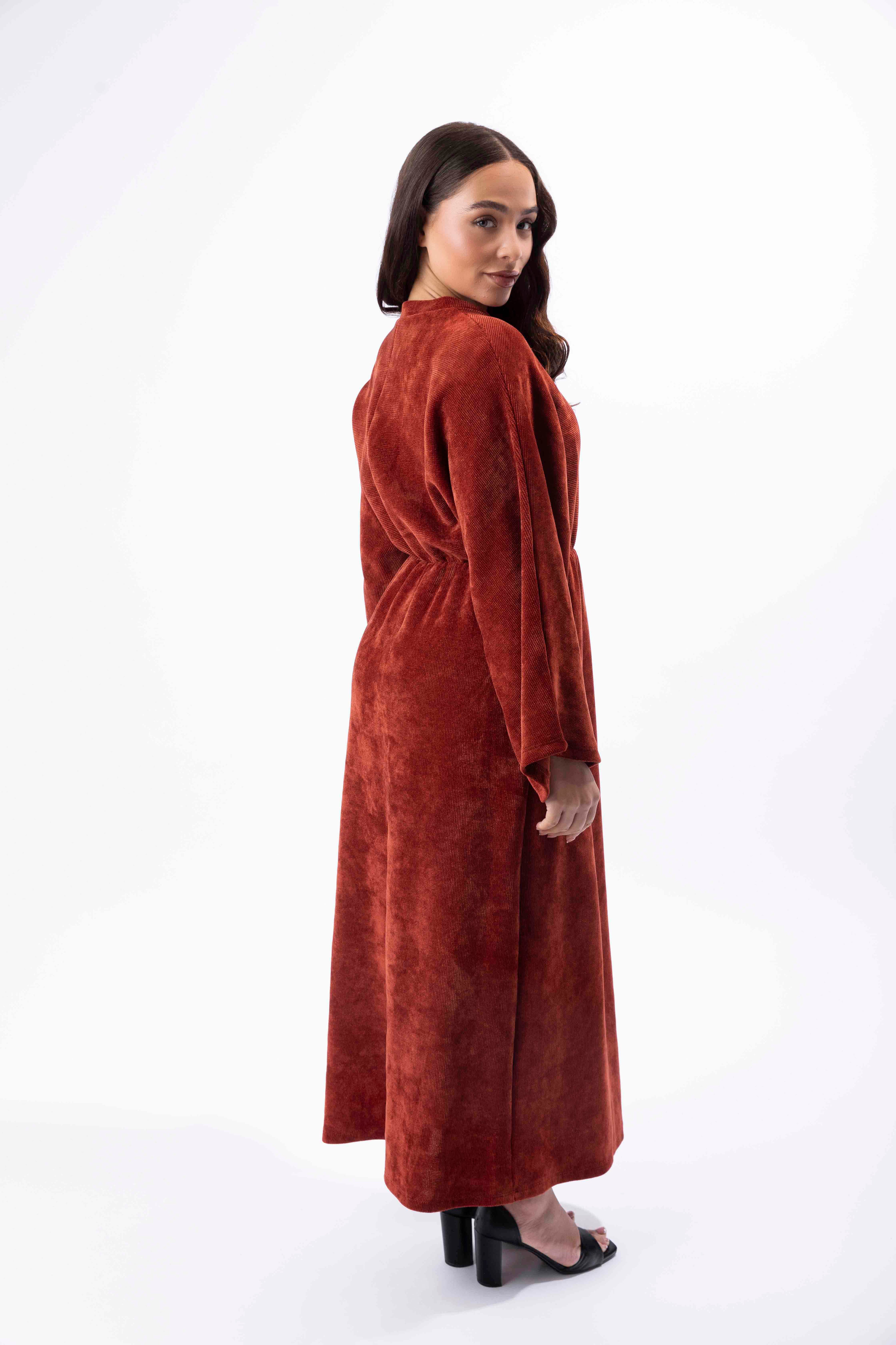 Textured Velour Bat Sleeve Side Slit Long Dress-SinglePrice