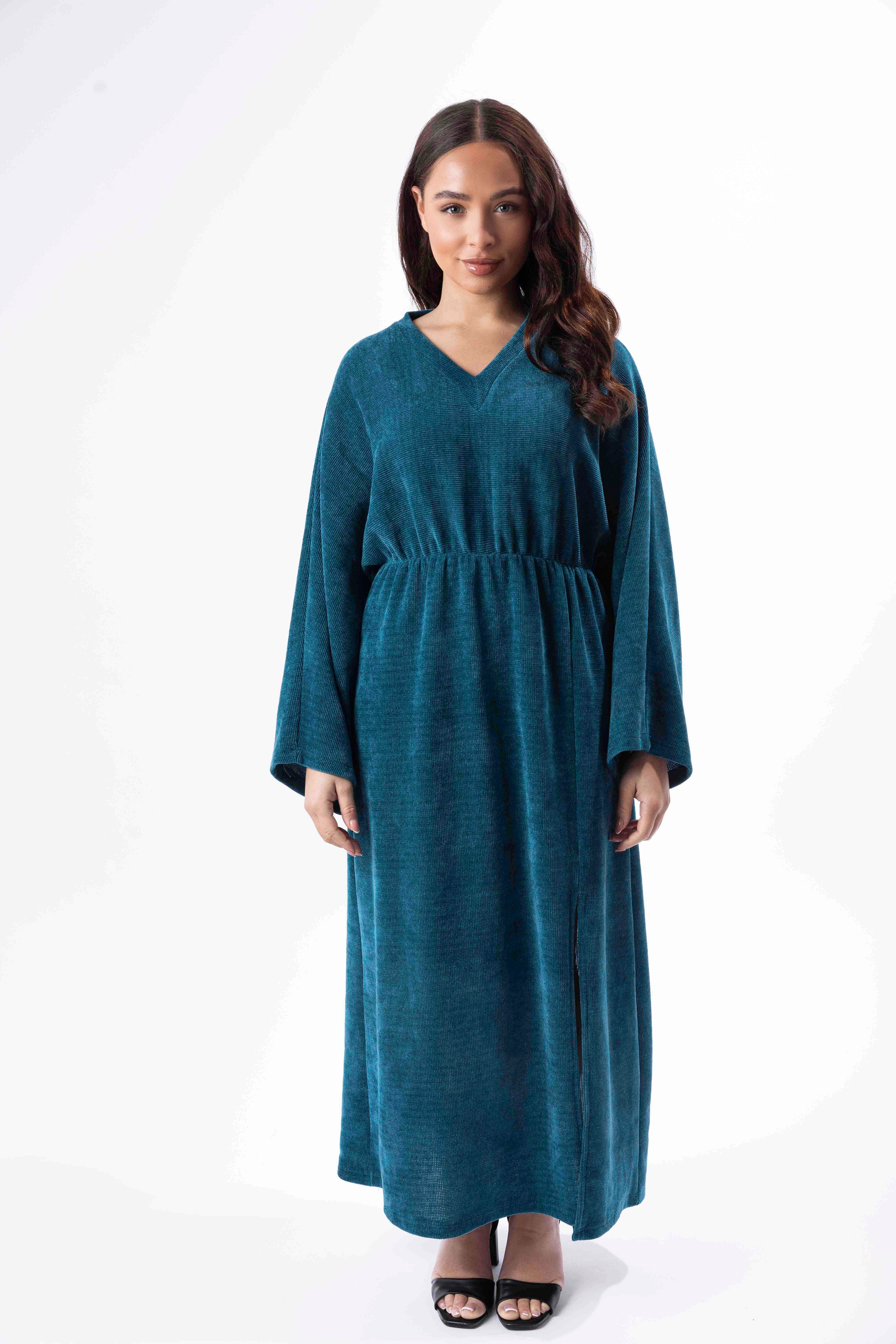 Textured Velour Bat Sleeve Side Slit Long Dress-SinglePrice