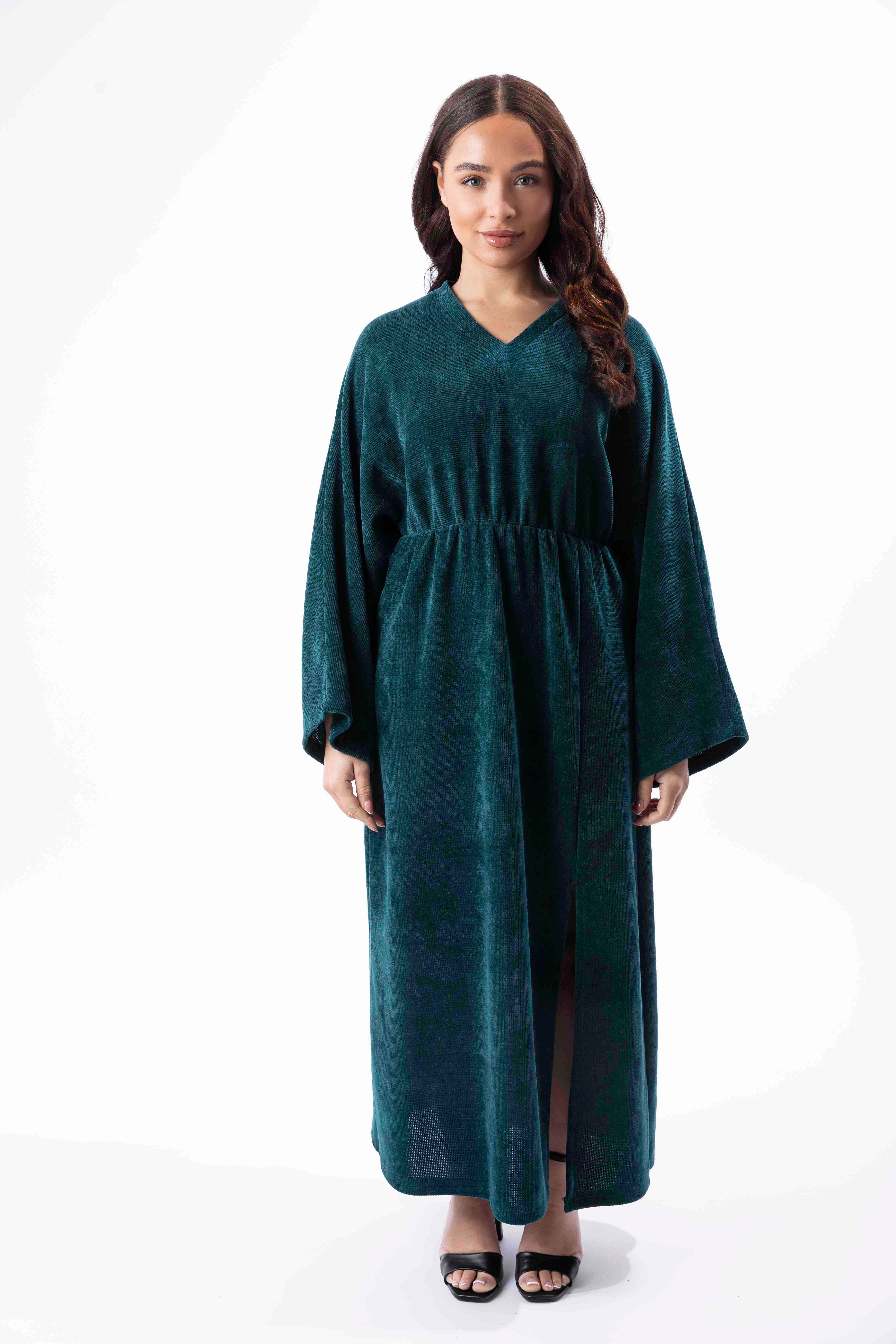 Textured Velour Bat Sleeve Side Slit Long Dress-SinglePrice