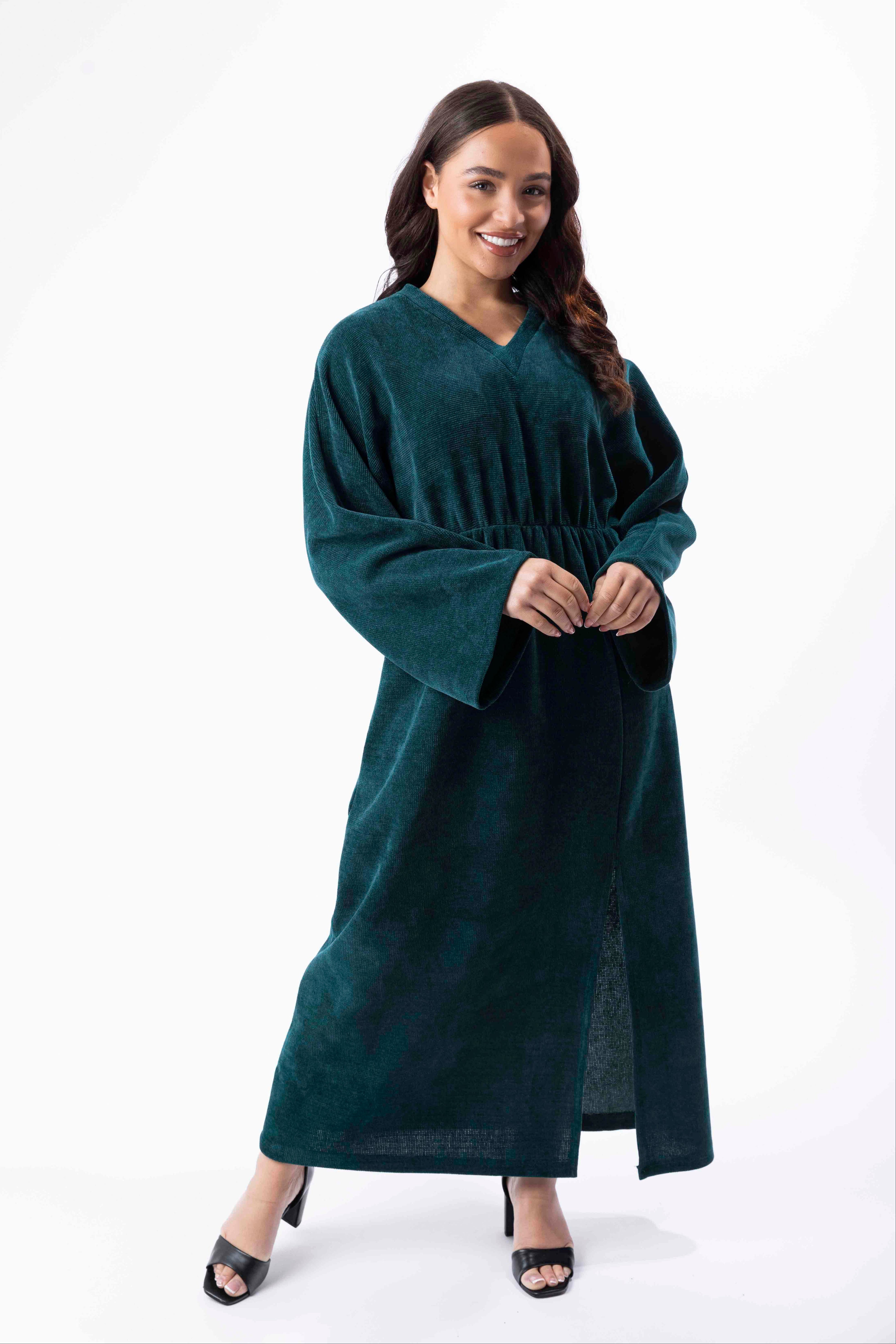 Textured Velour Bat Sleeve Side Slit Long Dress-SinglePrice