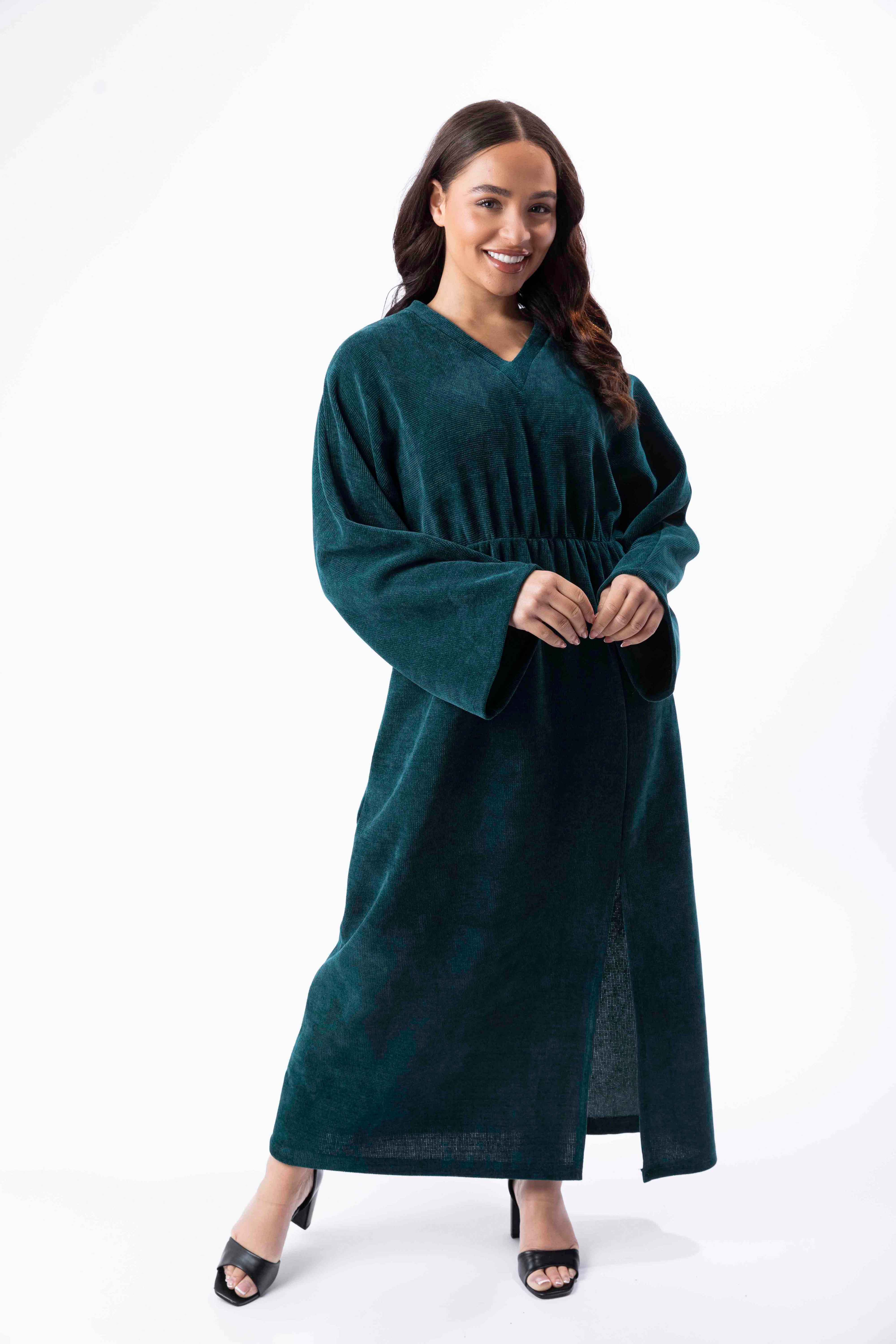 Textured Velour Bat Sleeve Side Slit Long Dress-SinglePrice