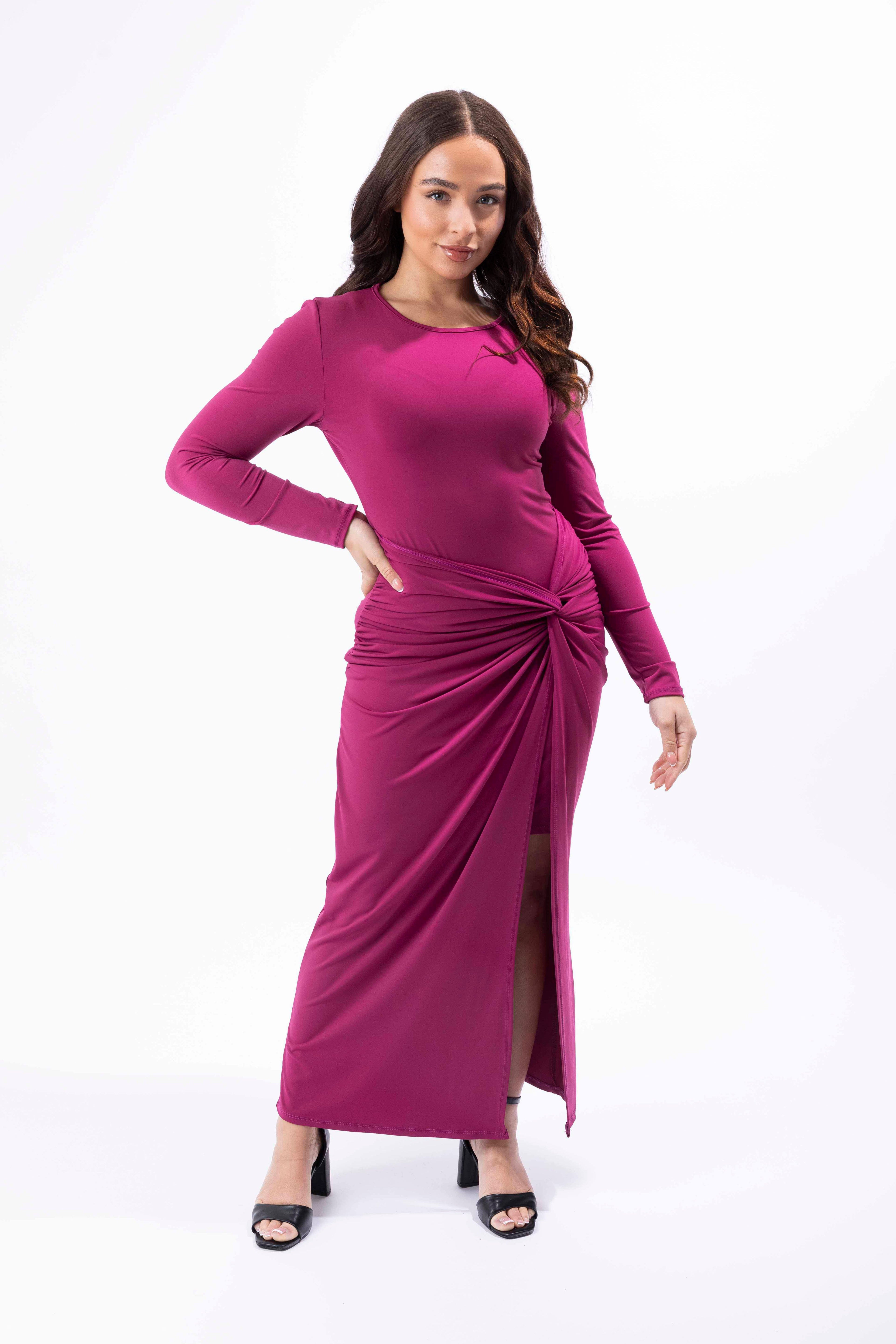 Stretchy Long Sleeve Twisted Front Long Side Slit Dress