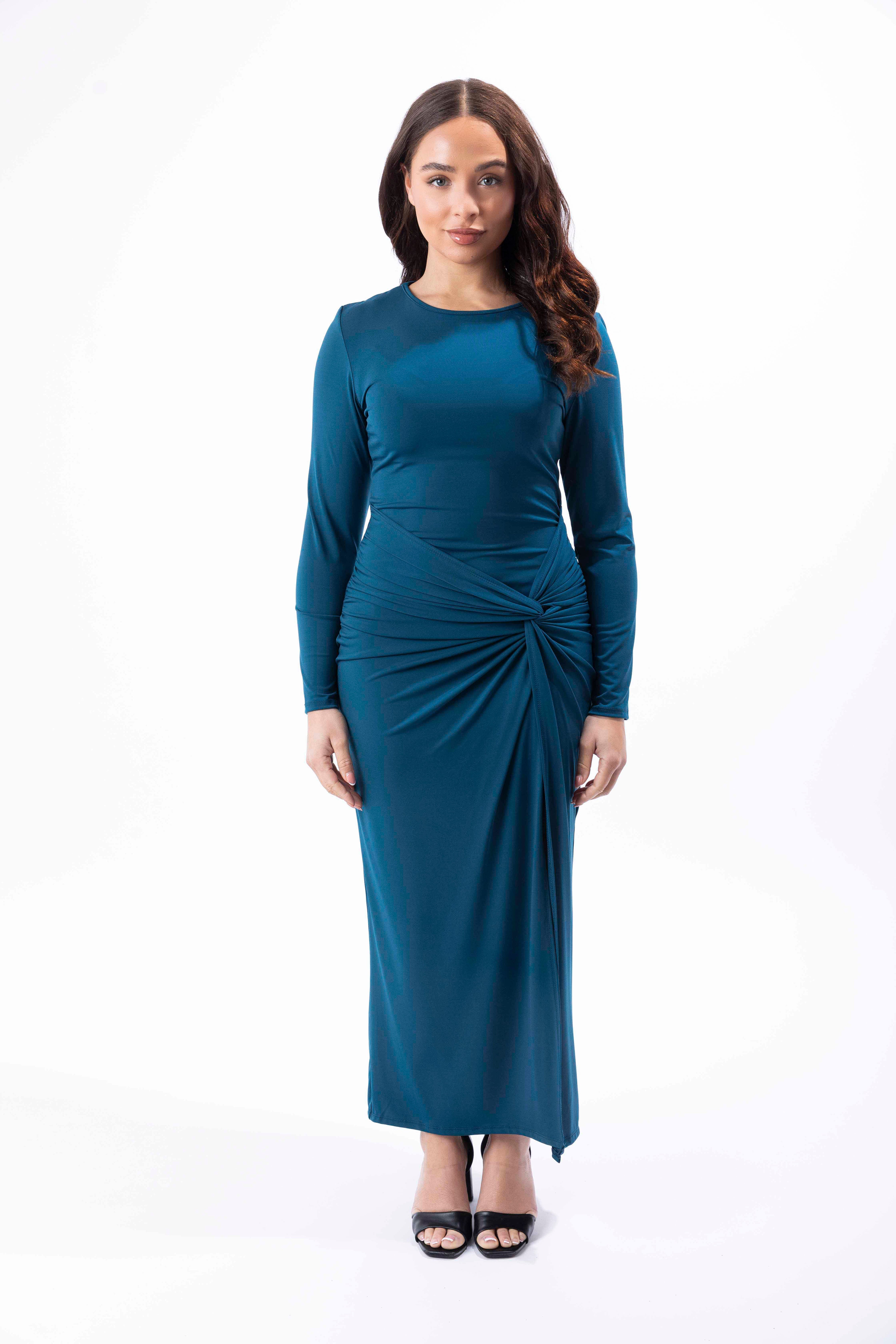 Stretchy Long Sleeve Twisted Front Long Side Slit Dress