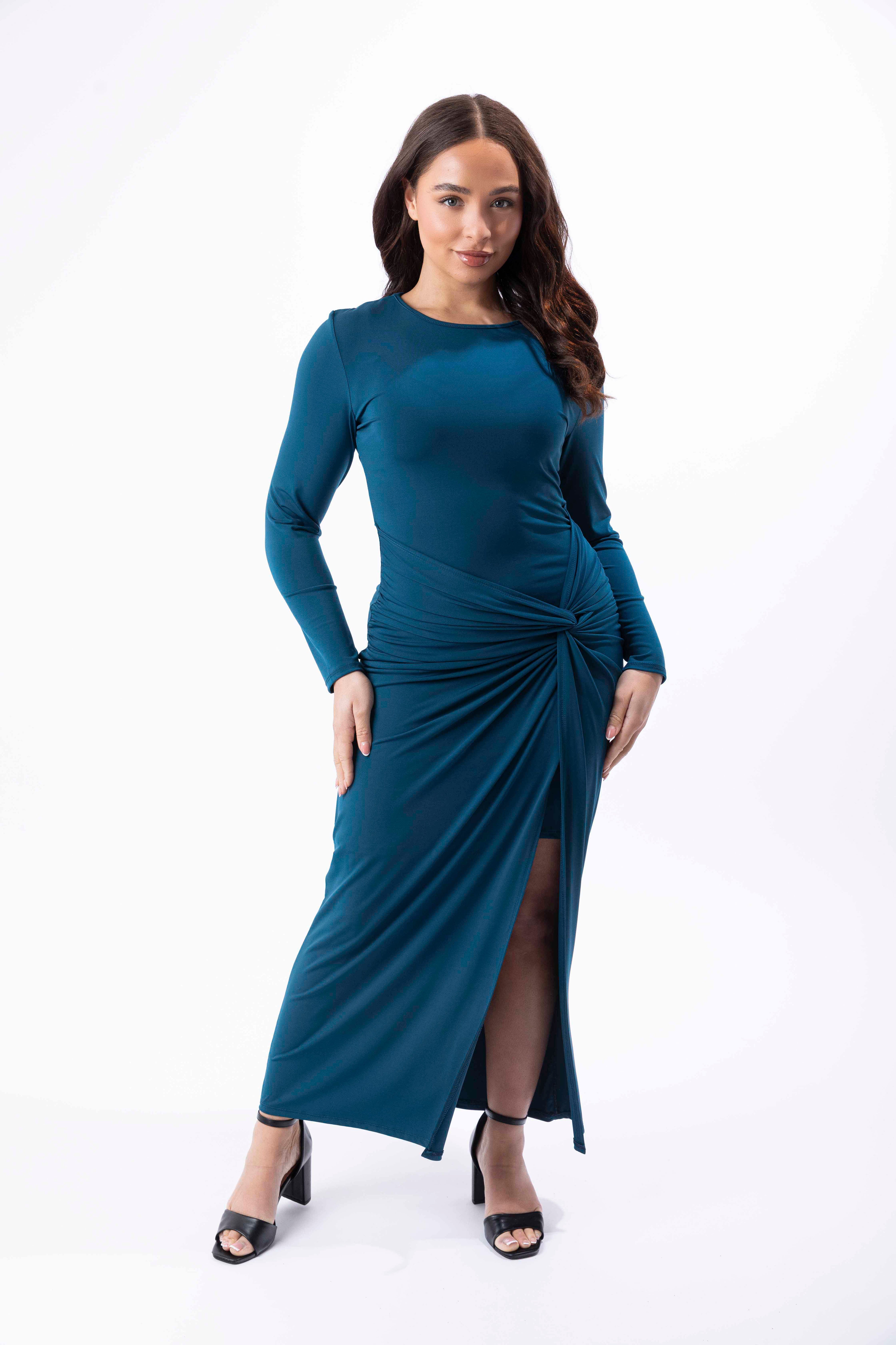 Stretchy Long Sleeve Twisted Front Long Side Slit Dress