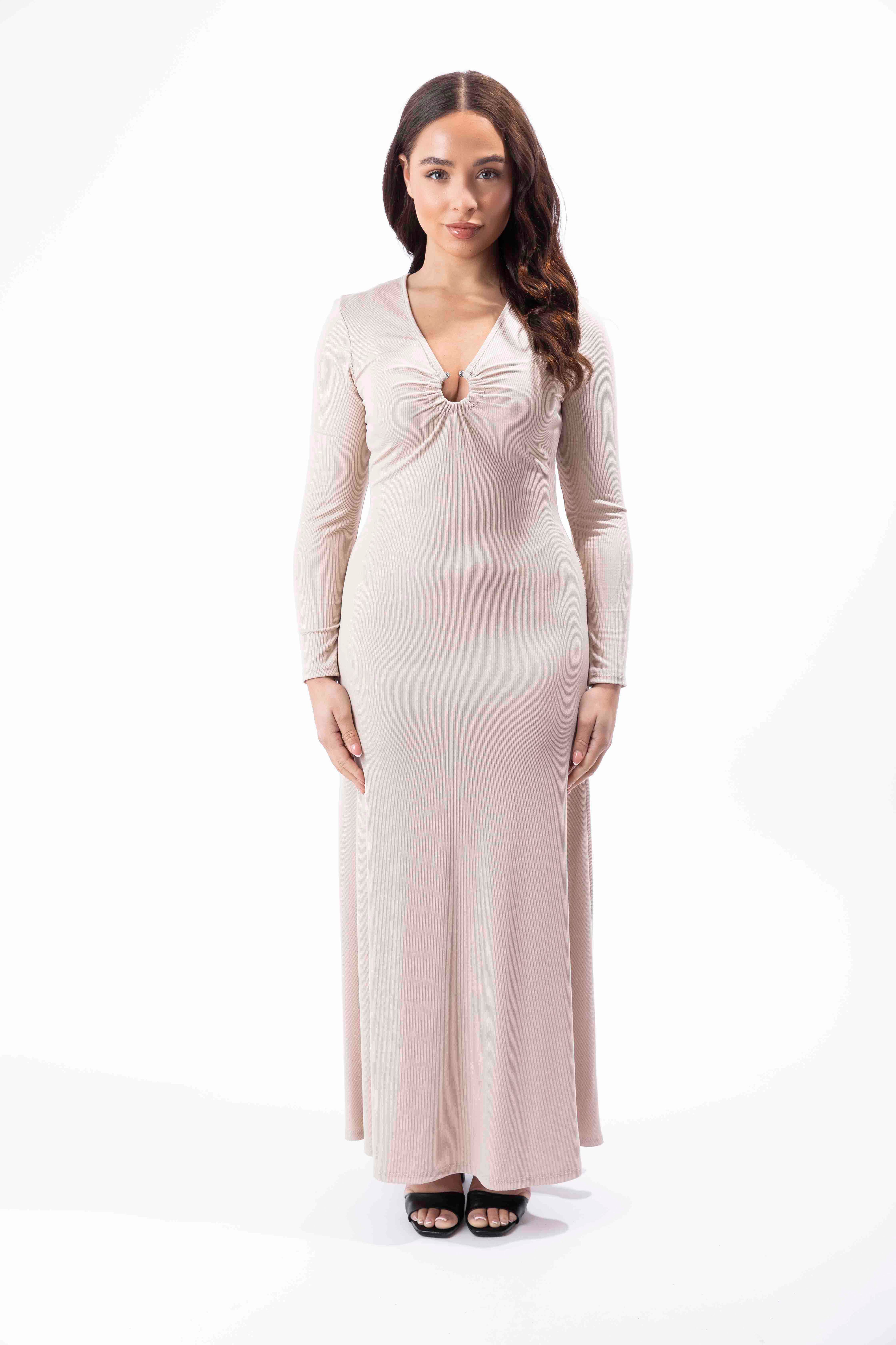 Plunge Peekaboo Neck Ribbed A-Line Maxi Dress-SinglePrice