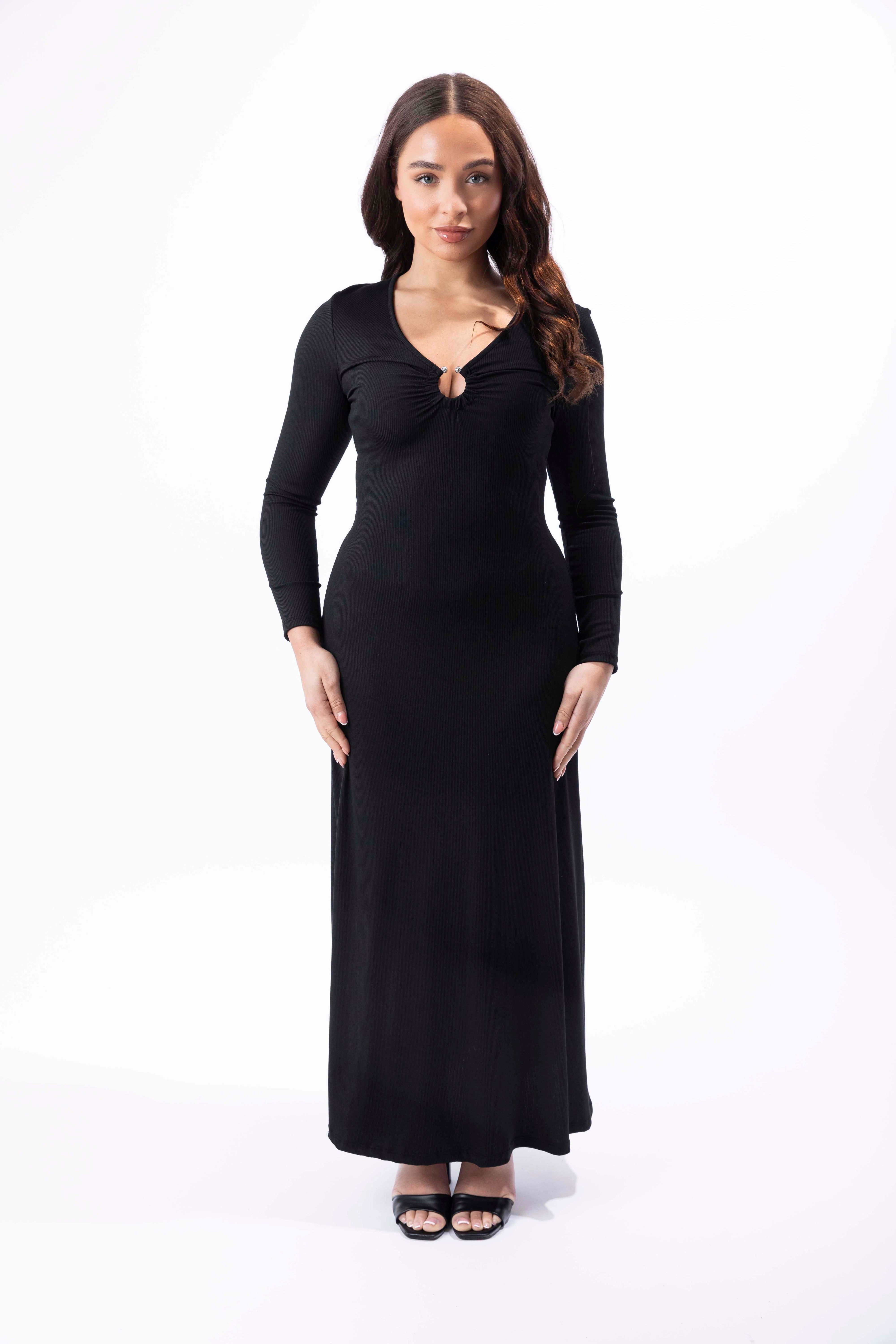 Plunge Peekaboo Neck Ribbed A-Line Maxi Dress-SinglePrice