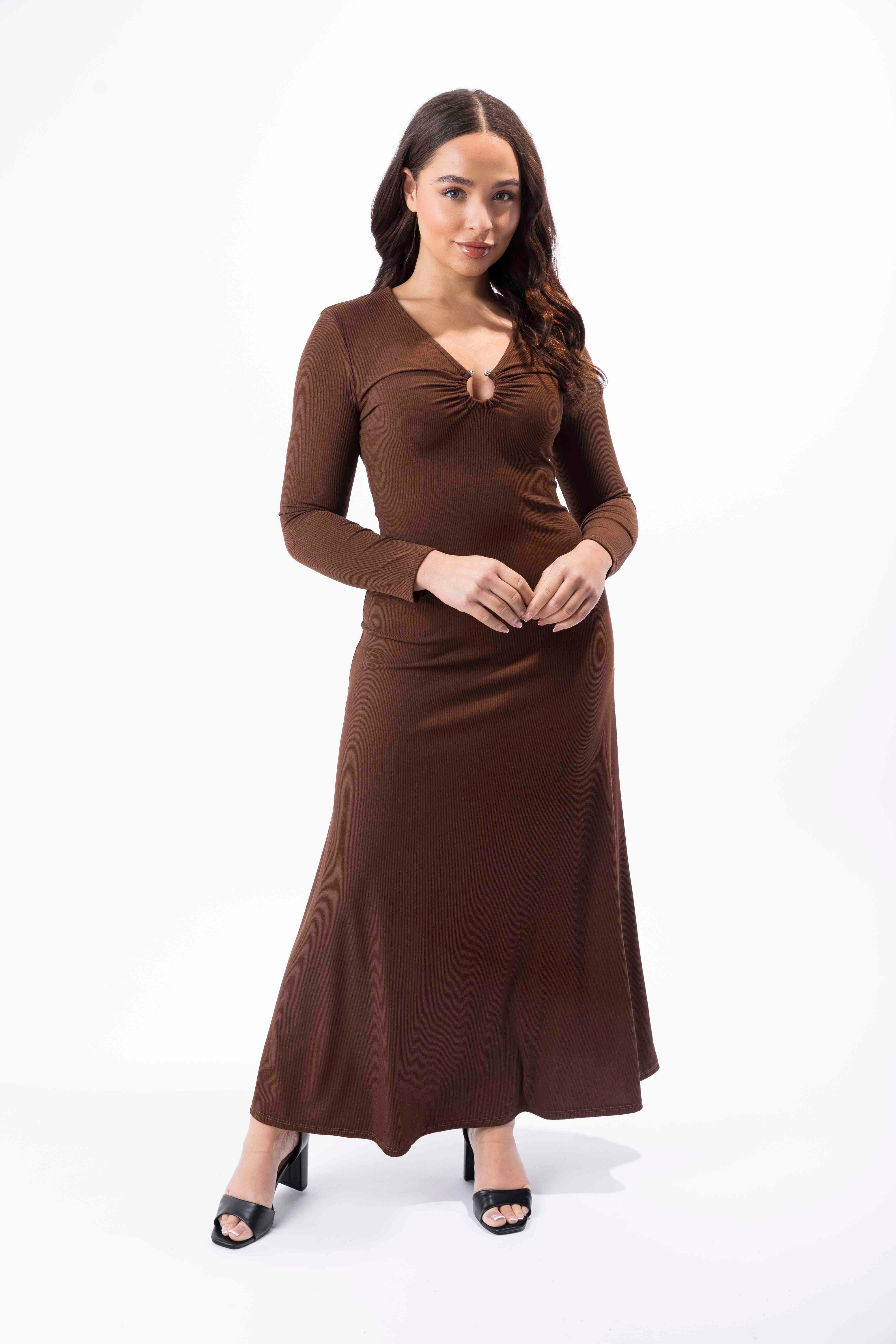 Plunge Peekaboo Neck Ribbed A-Line Maxi Dress-SinglePrice