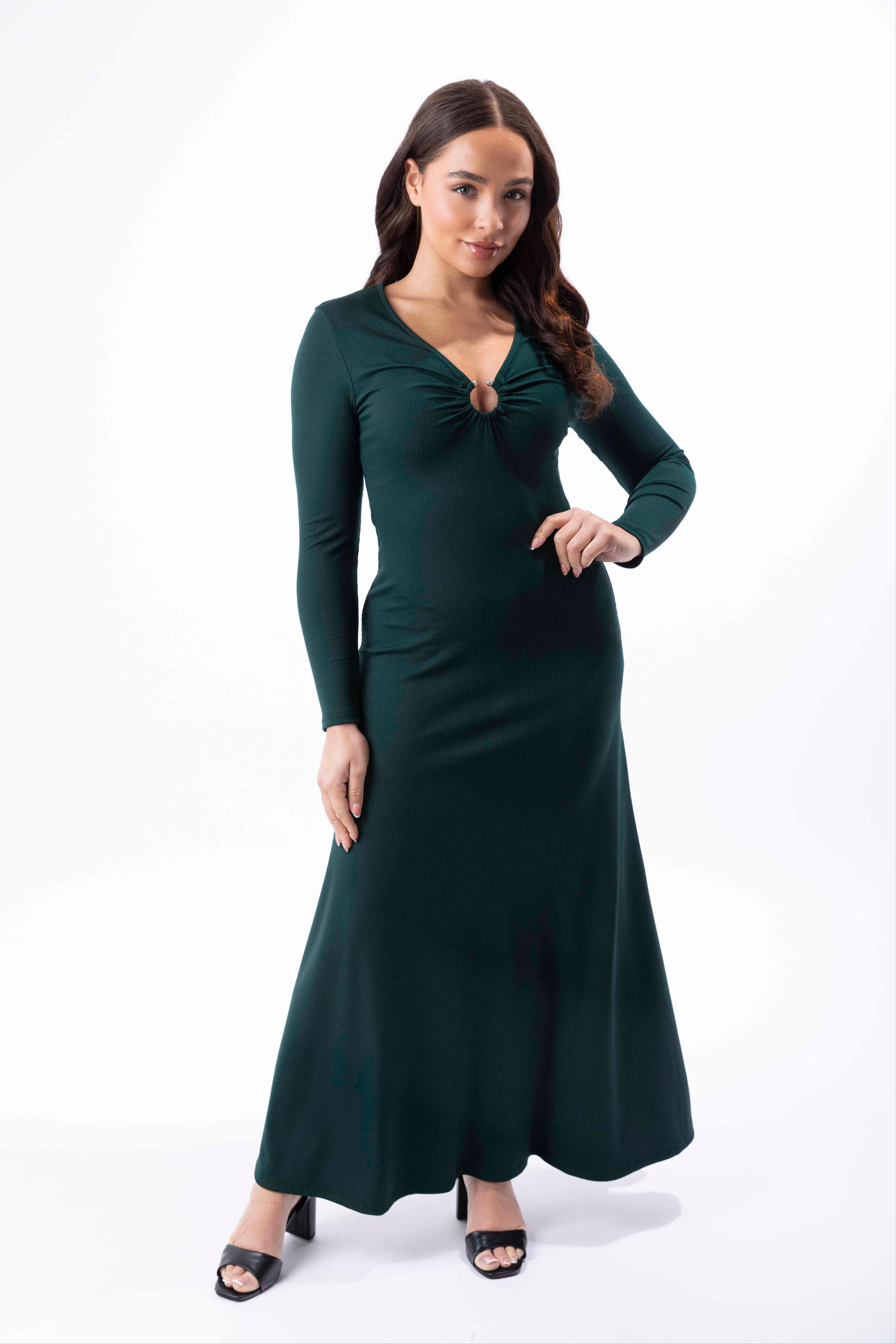 Plunge Peekaboo Neck Ribbed A-Line Maxi Dress-SinglePrice