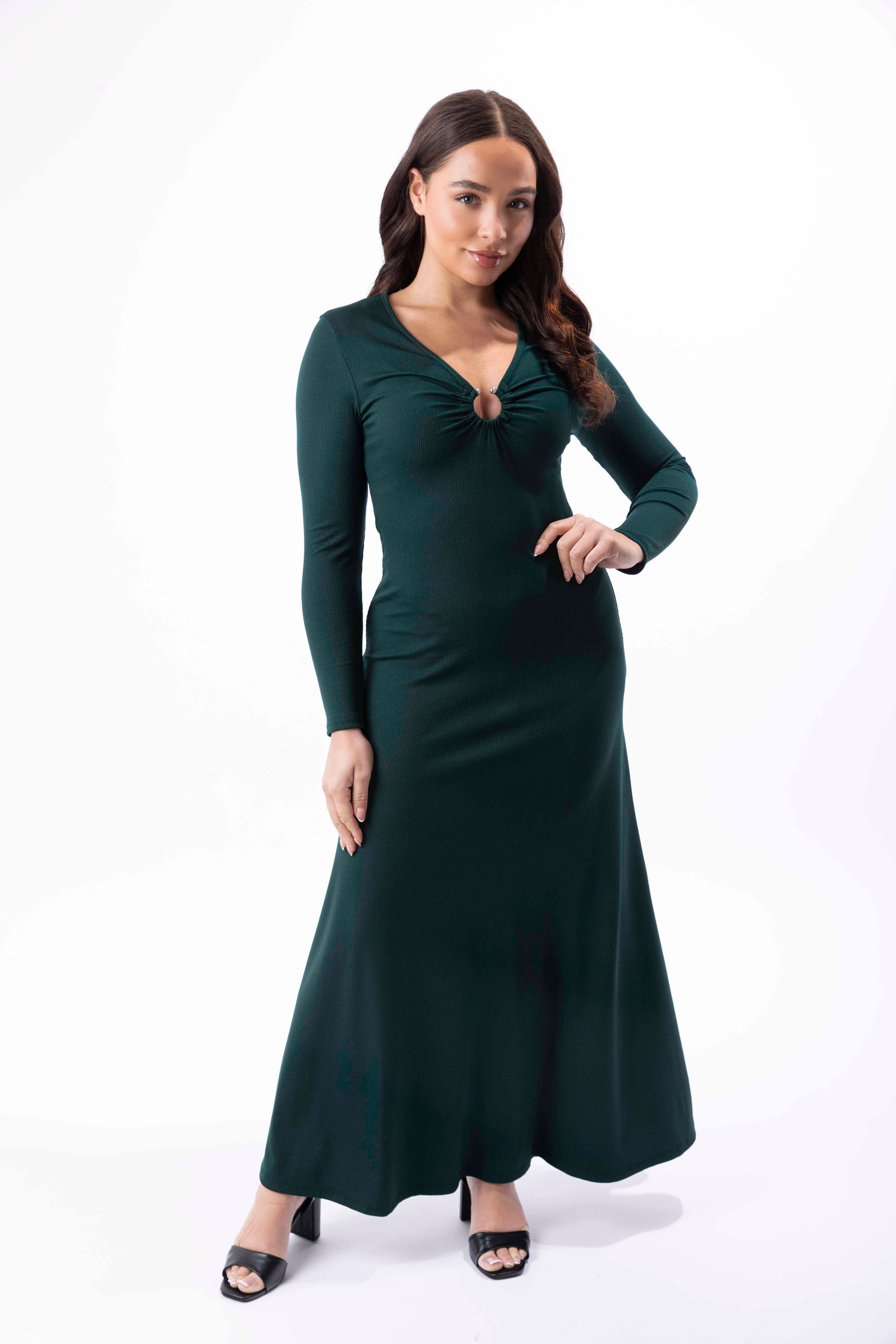 Plunge Peekaboo Neck Ribbed A-Line Maxi Dress-SinglePrice