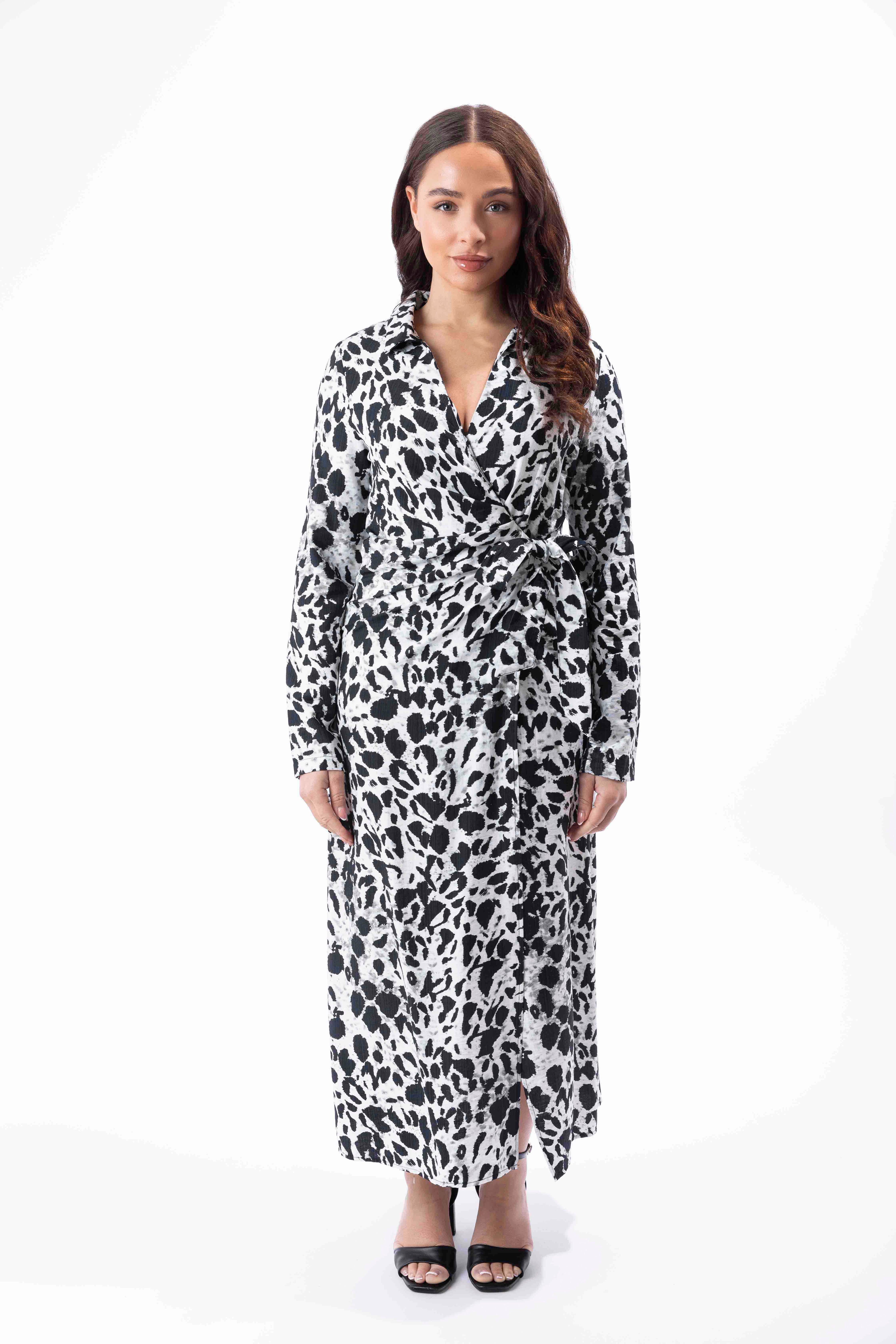 Animal Print Viscose Blend Long A-Line Wrap Dress-SinglePrice