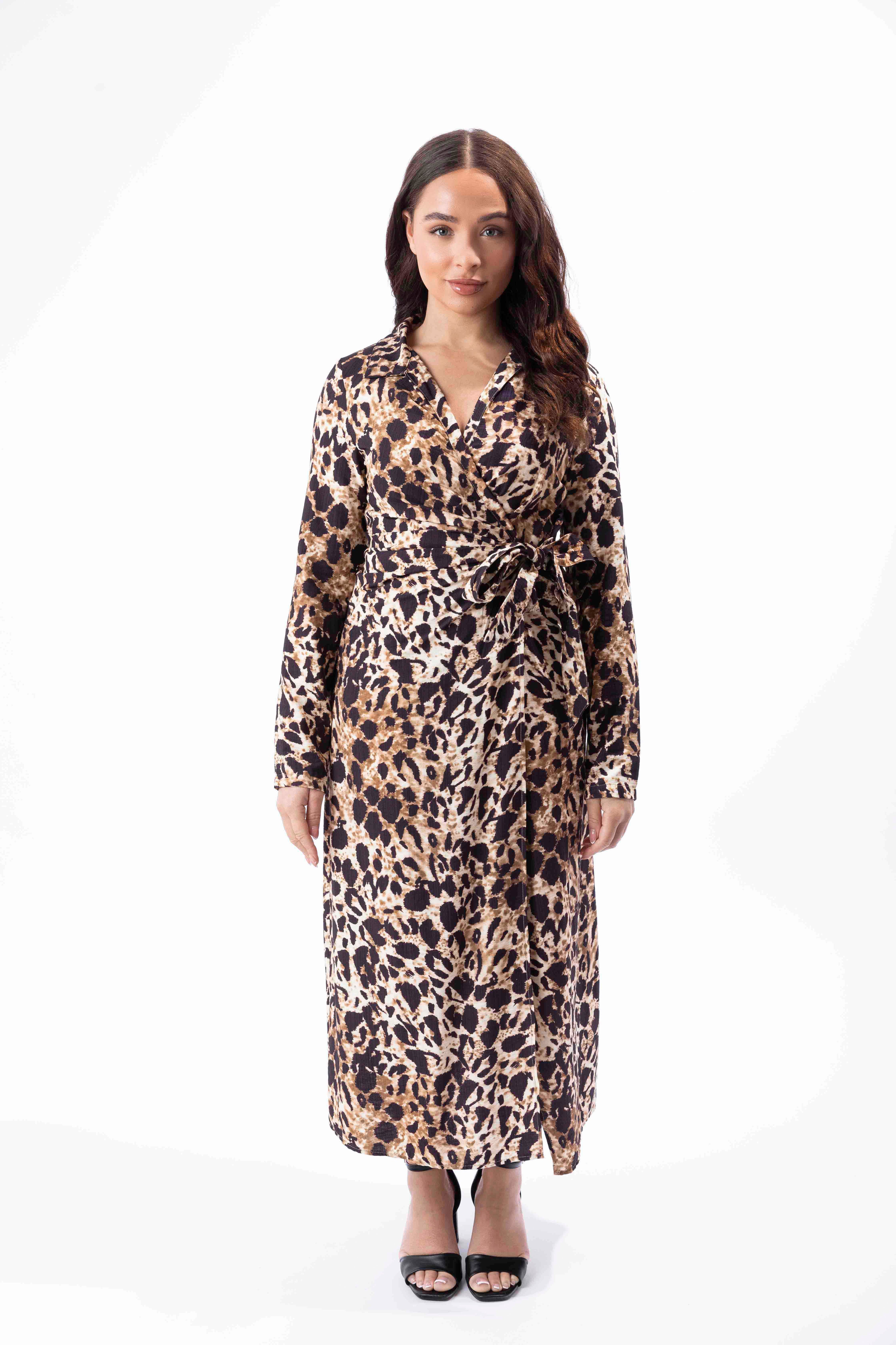 Animal Print Viscose Blend Long A-Line Wrap Dress-SinglePrice