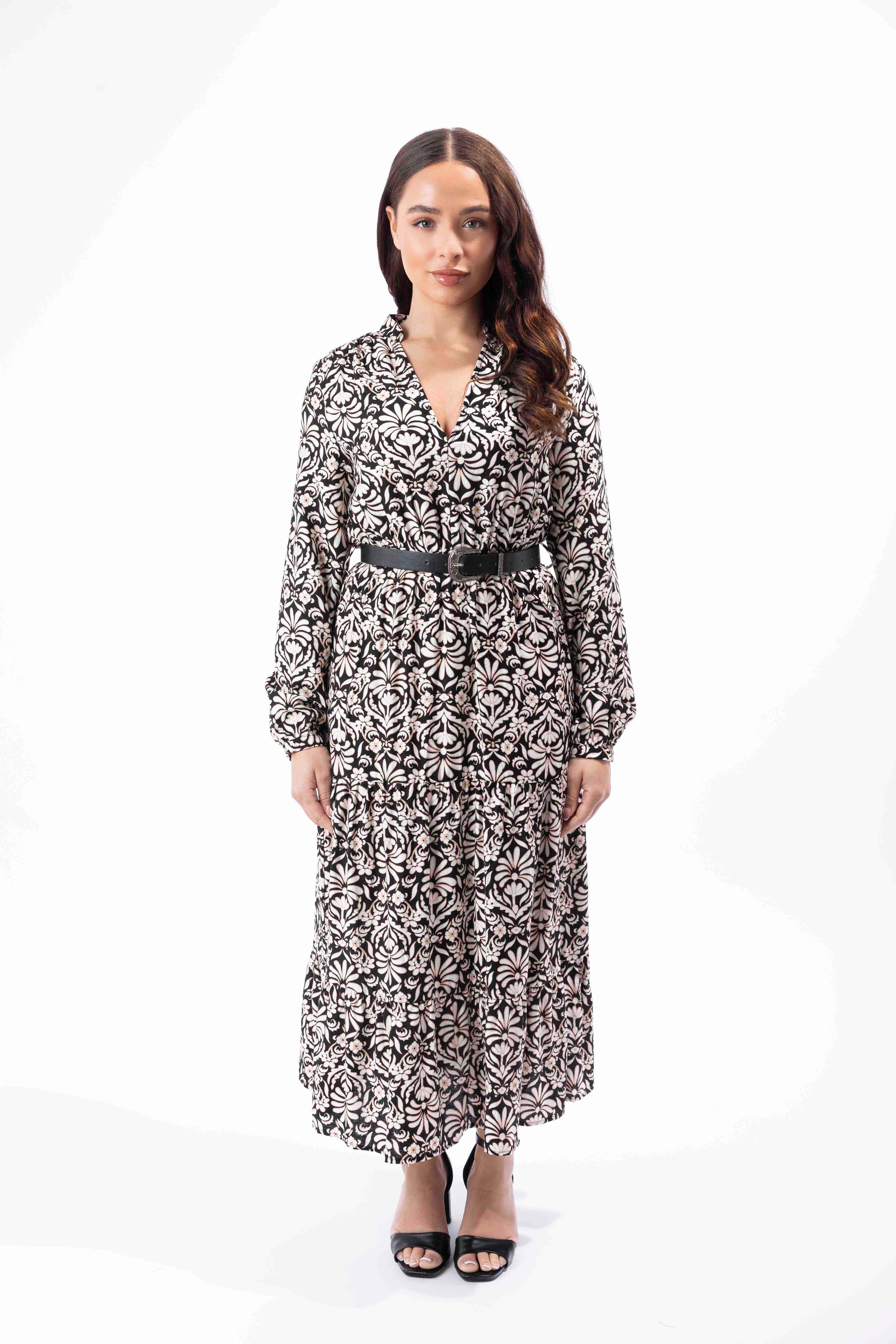 Belted Viscose Blend Floral Print Layered Long Dress