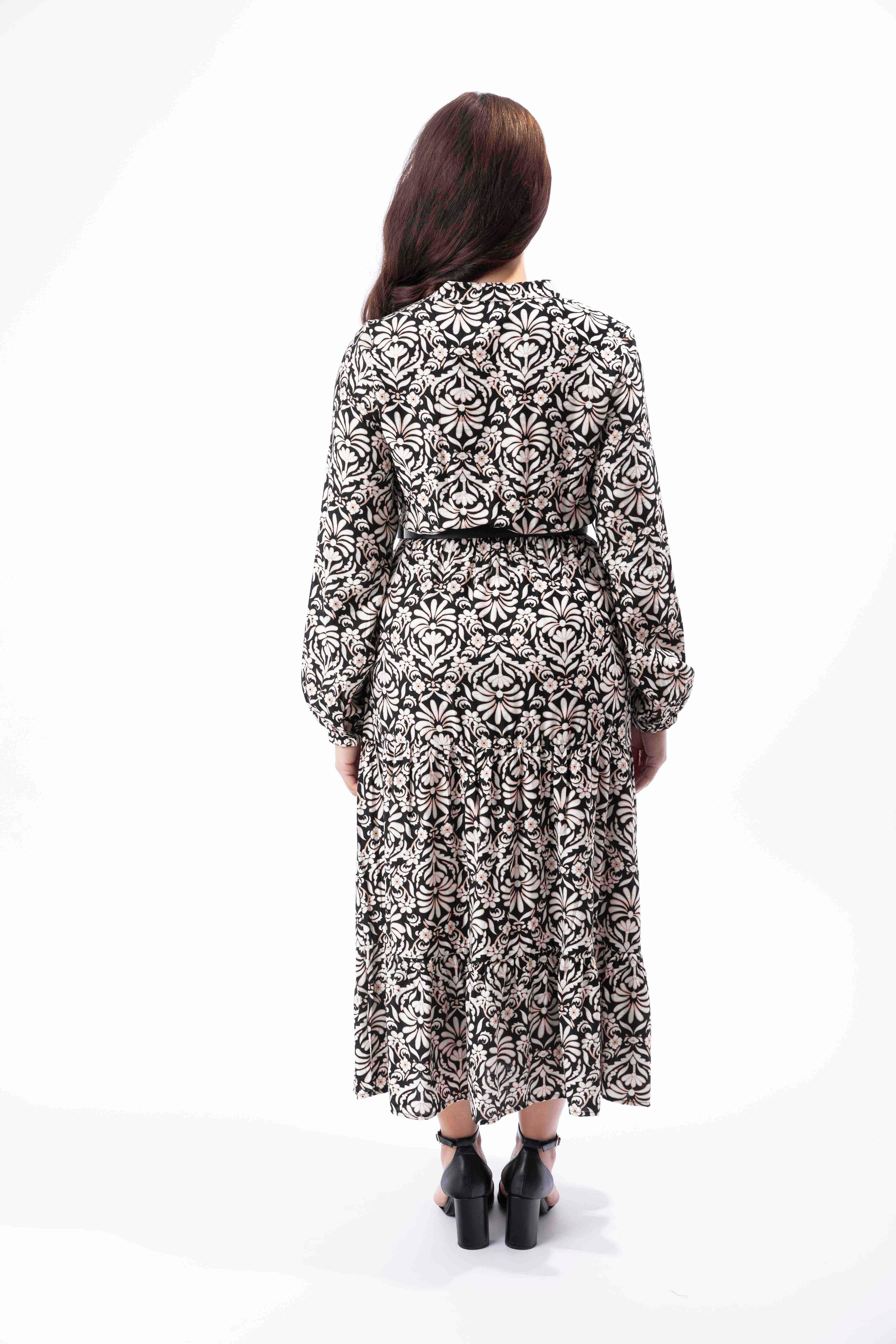 Belted Viscose Blend Floral Print Layered Long Dress