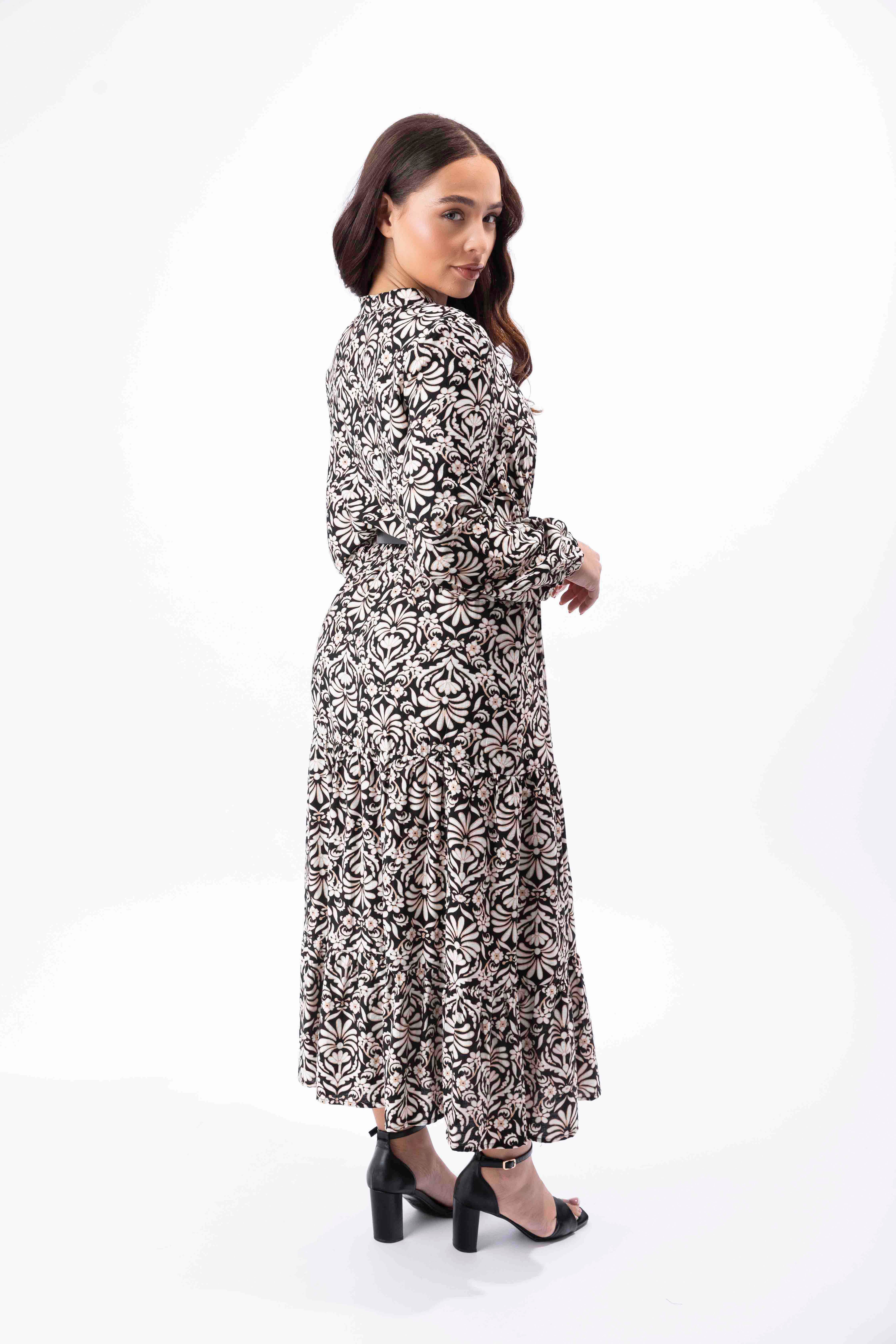 Belted Viscose Blend Floral Print Layered Long Dress