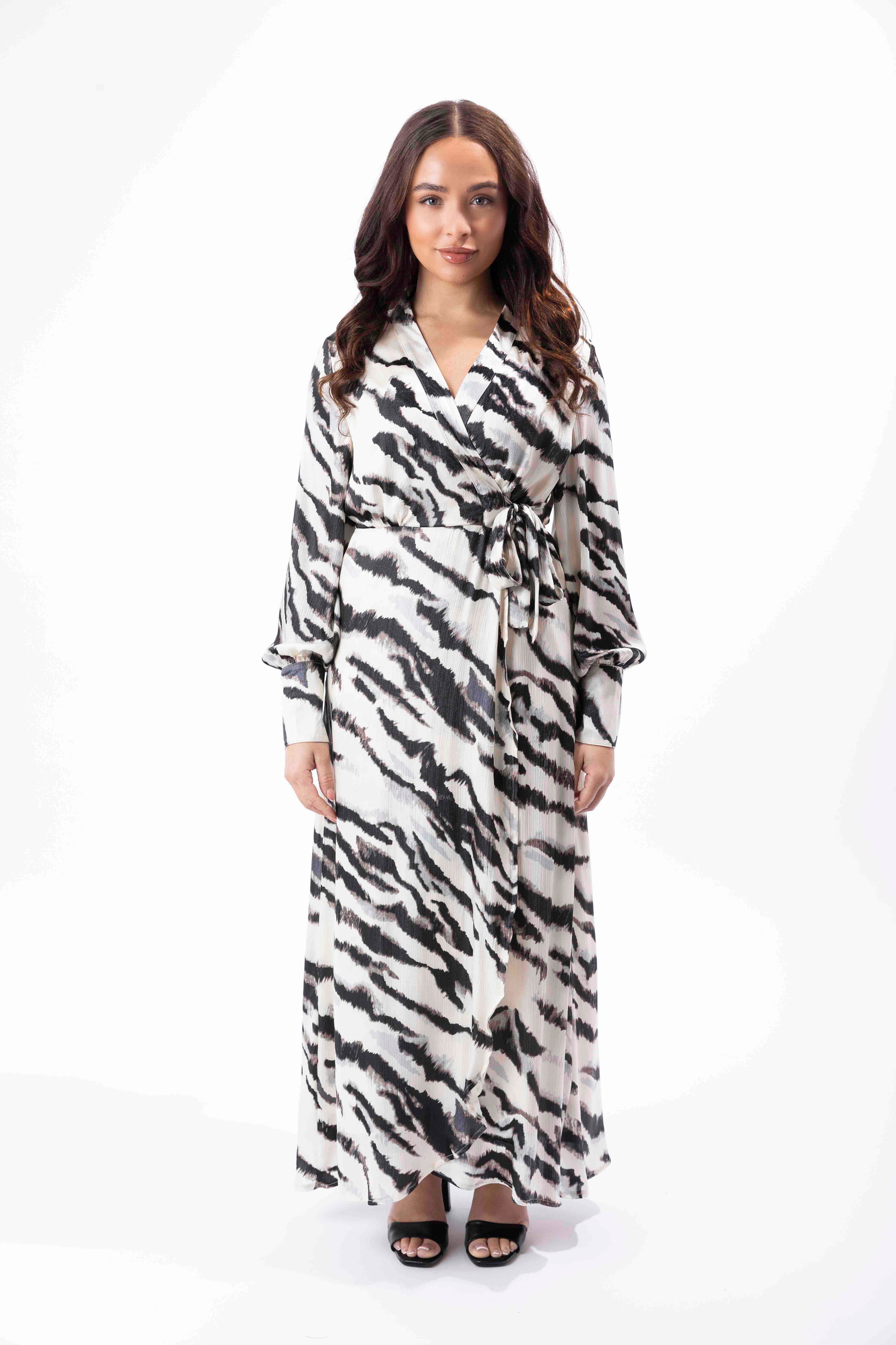 Tie Dye Print Wrap Up Flowy Long Sleeve Maxi Dress