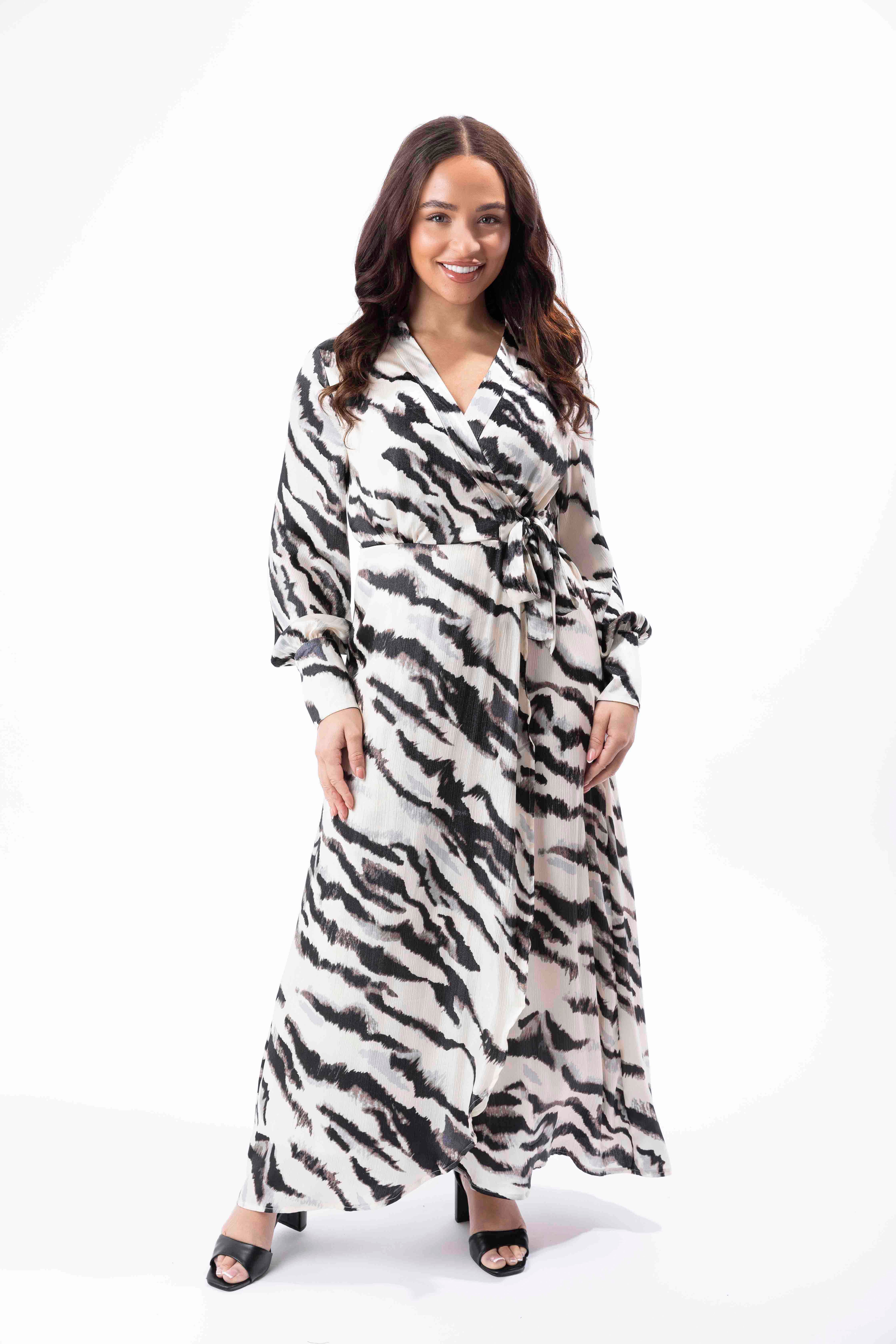 Tie Dye Print Wrap Up Flowy Long Sleeve Maxi Dress