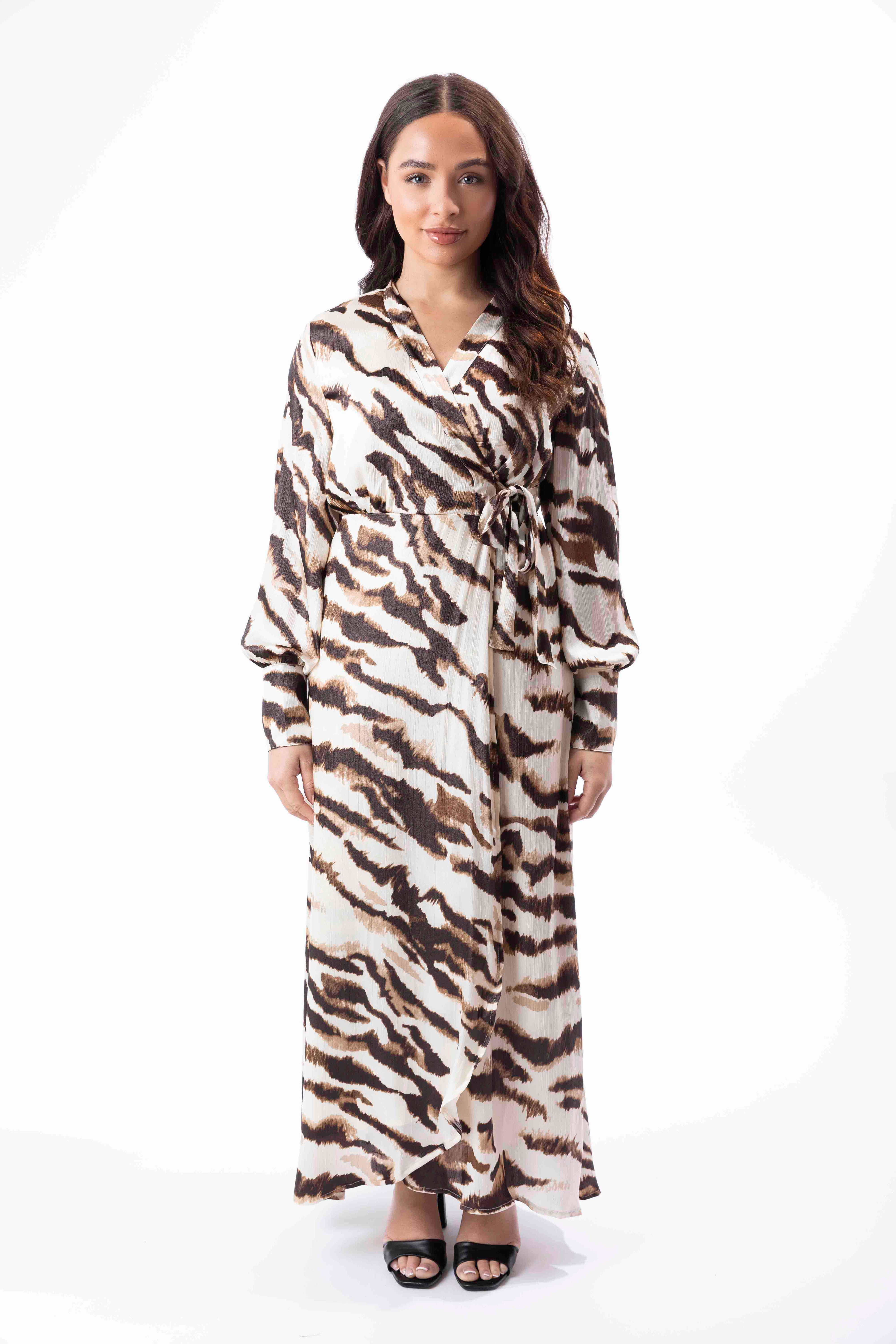 Tie Dye Print Wrap Up Flowy Long Sleeve Maxi Dress