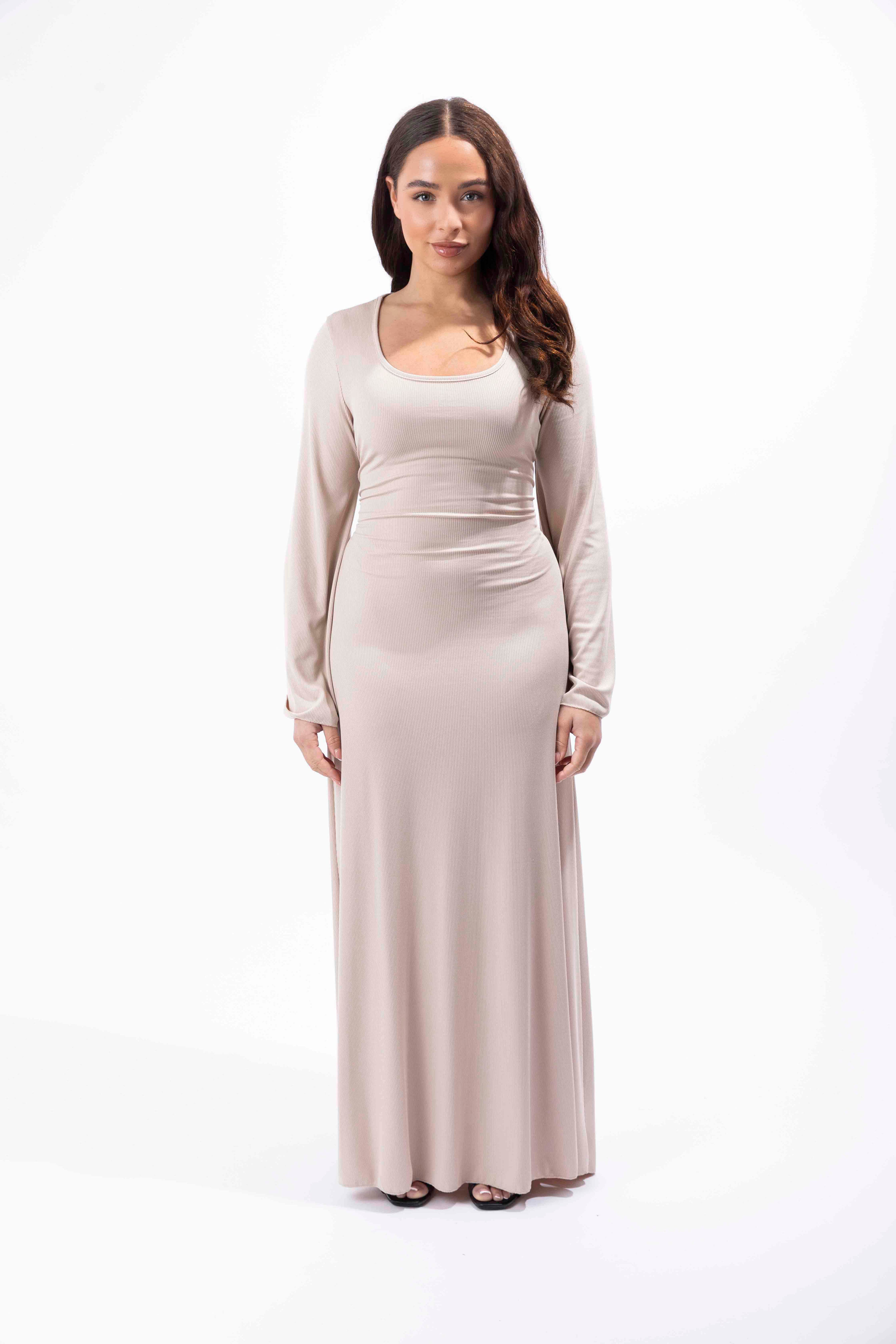 Bell Sleeve Tie Up Back Ribbed A-Line Maxi Dress