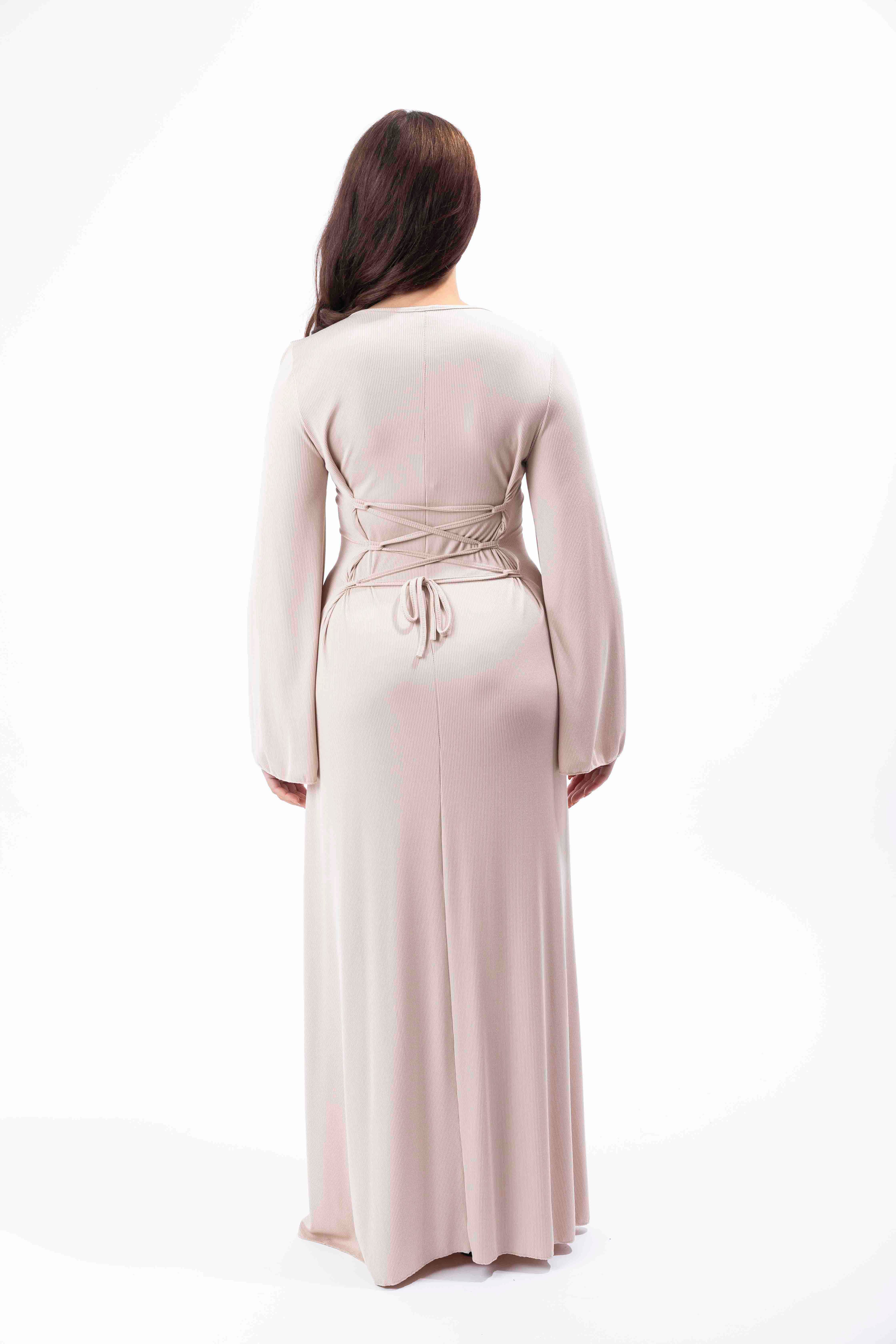 Bell Sleeve Tie Up Back Ribbed A-Line Maxi Dress