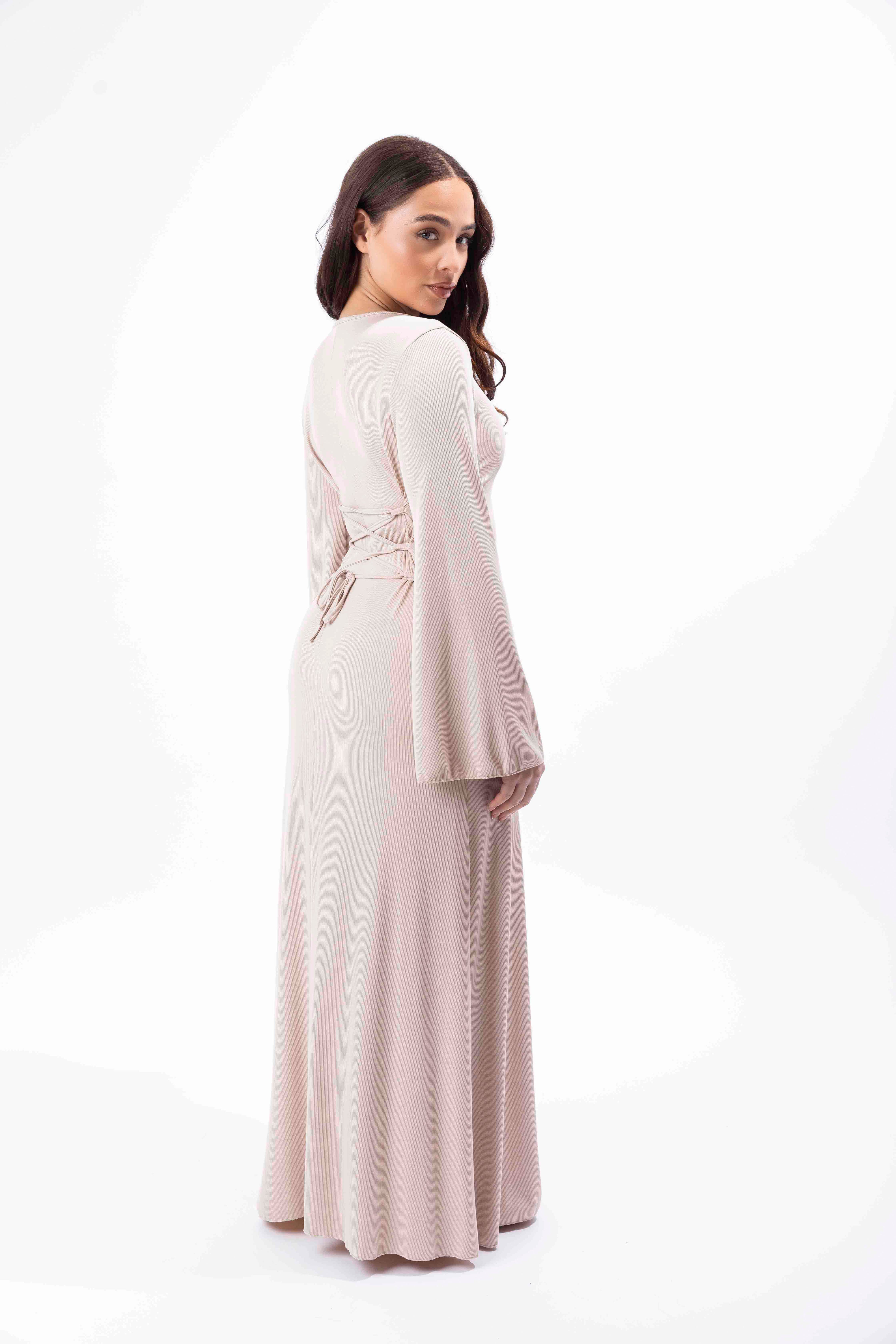 Bell Sleeve Tie Up Back Ribbed A-Line Maxi Dress