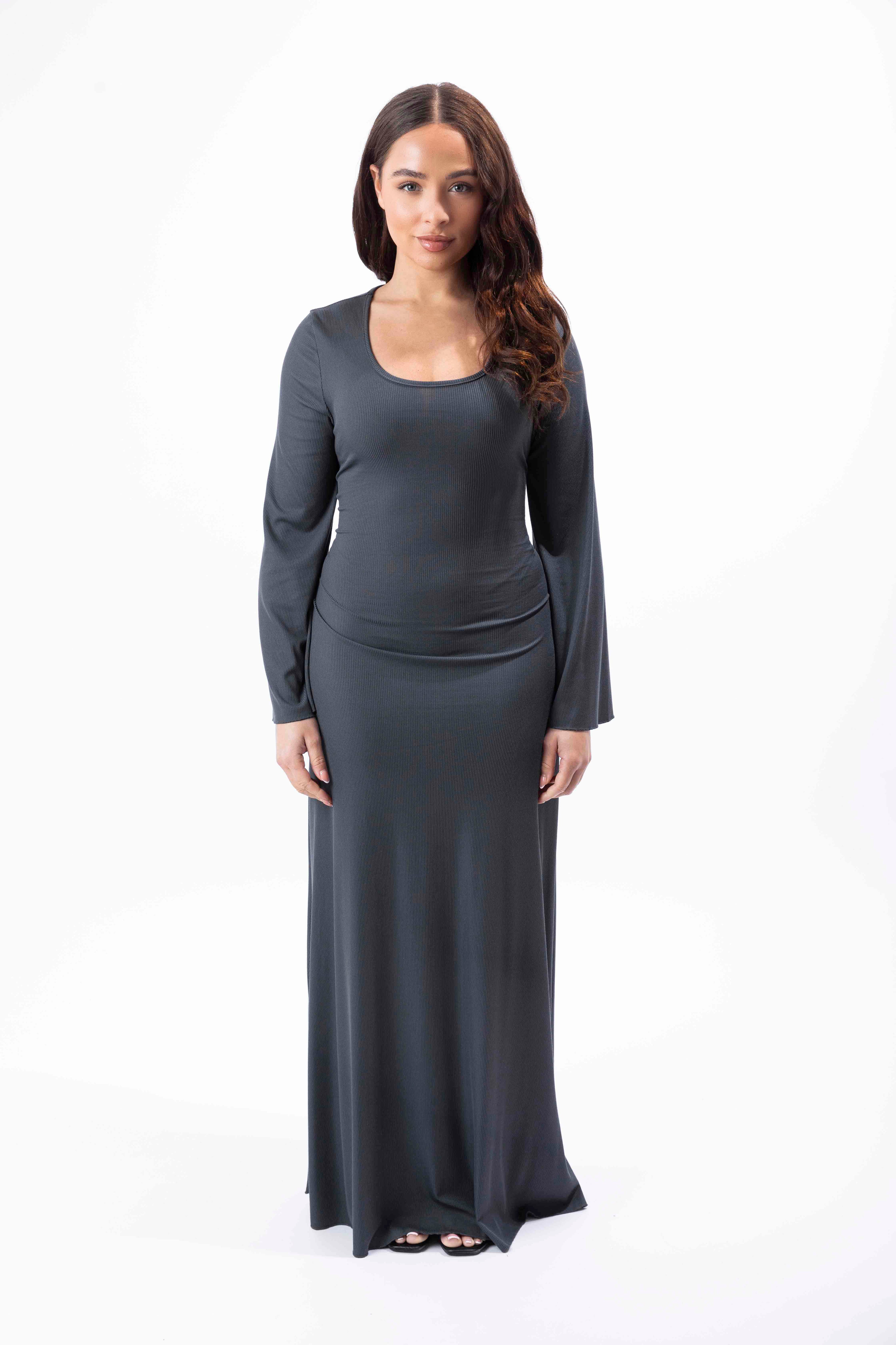 Bell Sleeve Tie Up Back Ribbed A-Line Maxi Dress