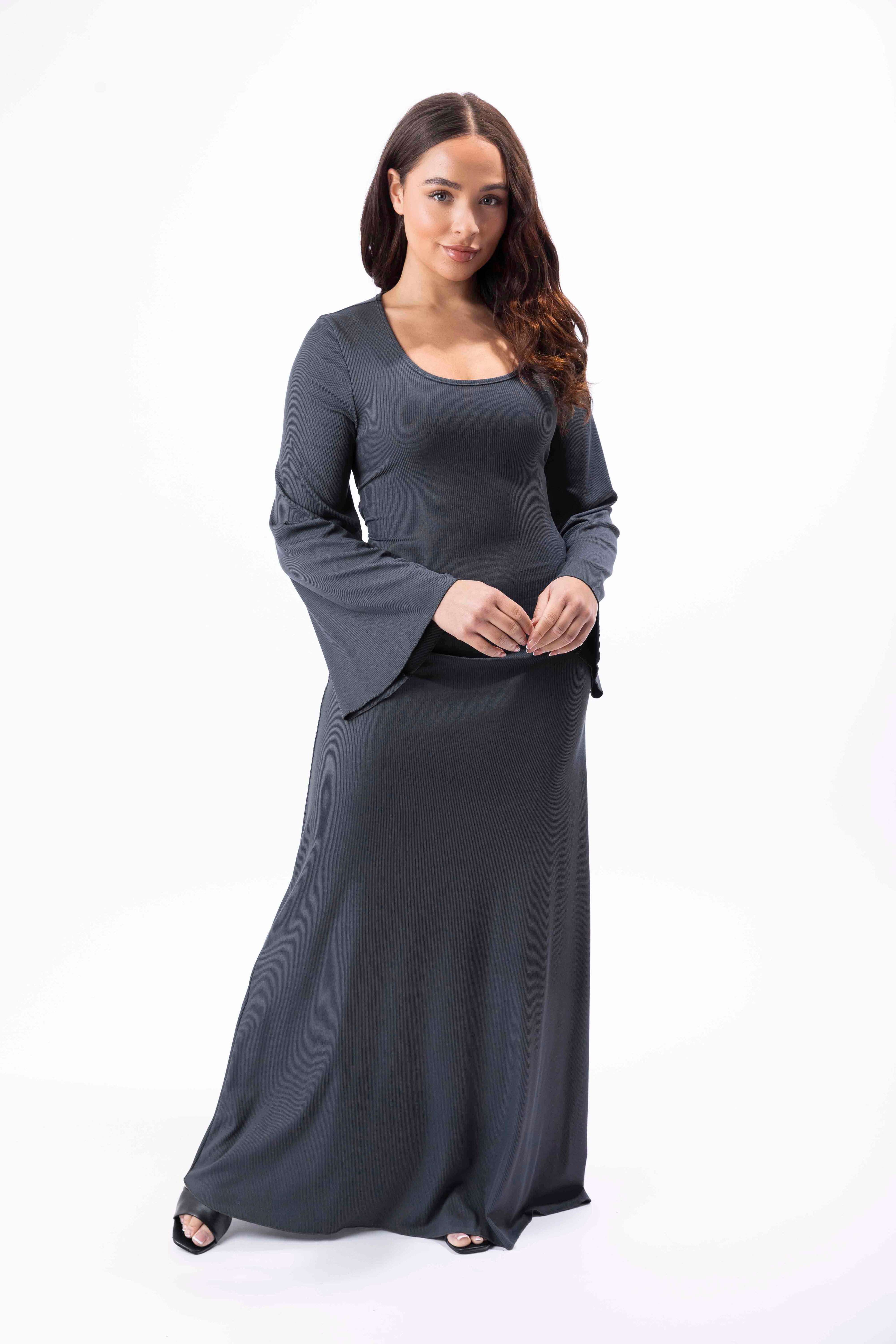 Bell Sleeve Tie Up Back Ribbed A-Line Maxi Dress