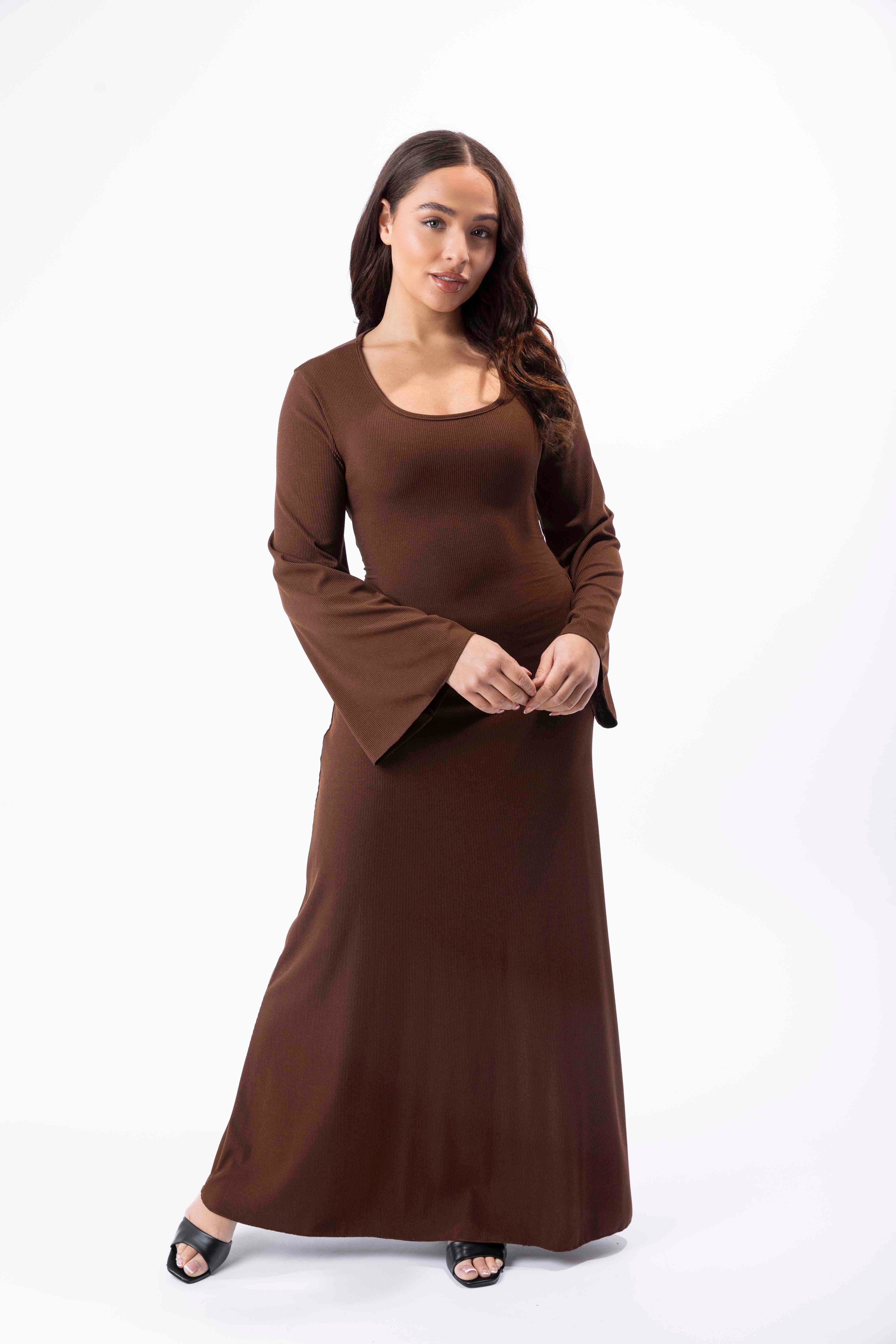 Bell Sleeve Tie Up Back Ribbed A-Line Maxi Dress