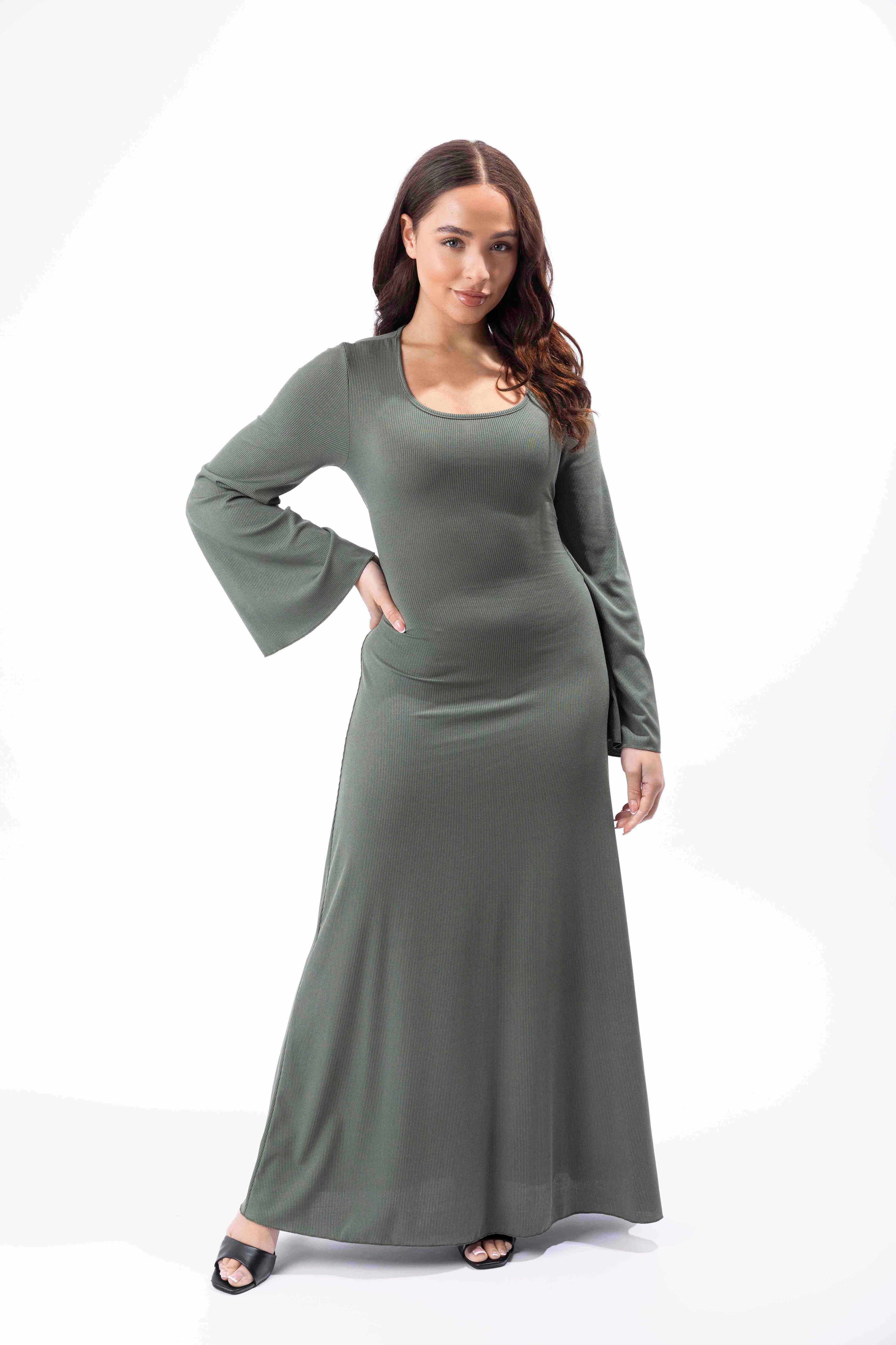 Bell Sleeve Tie Up Back Ribbed A-Line Maxi Dress