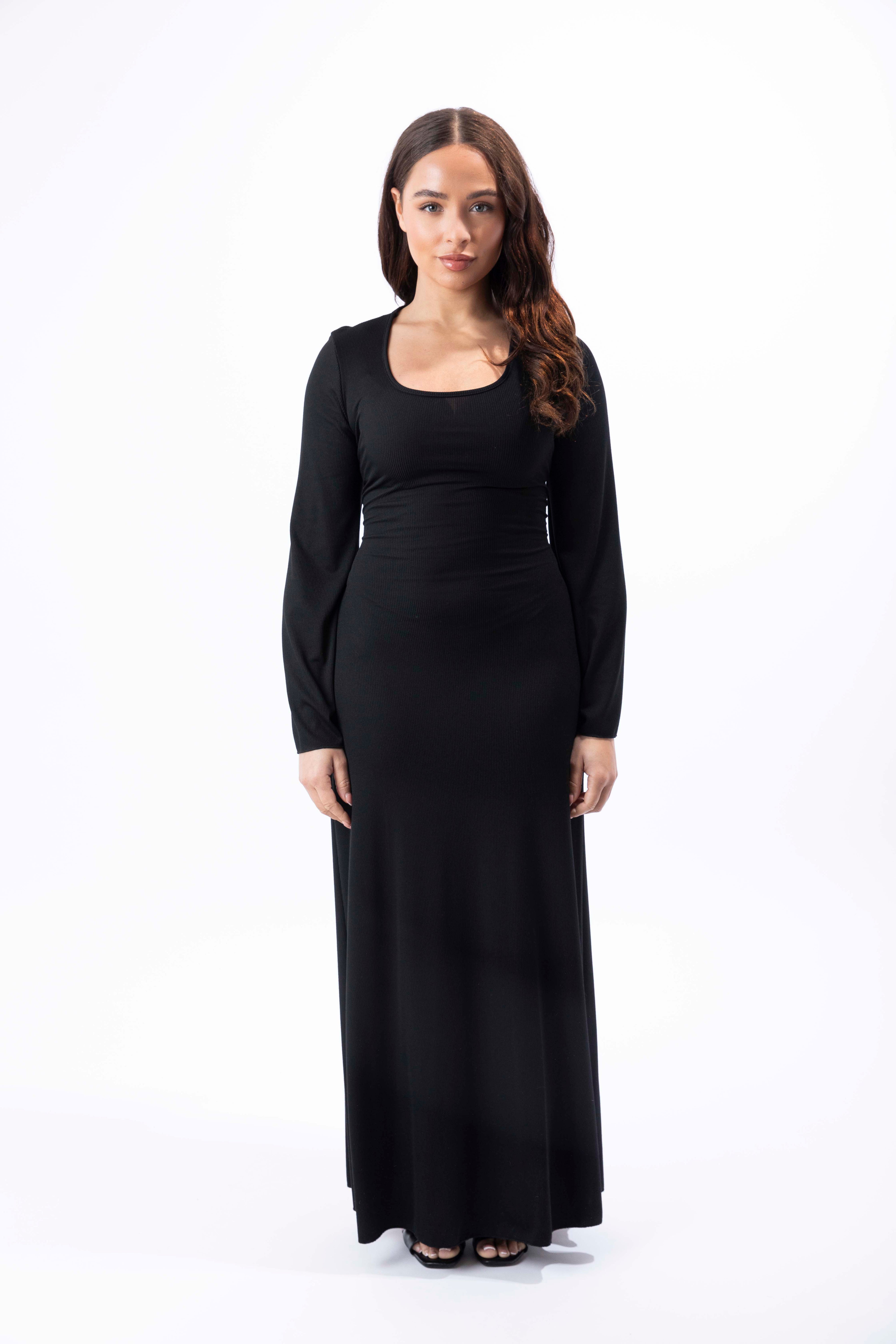 Bell Sleeve Tie Up Back Ribbed A-Line Maxi Dress