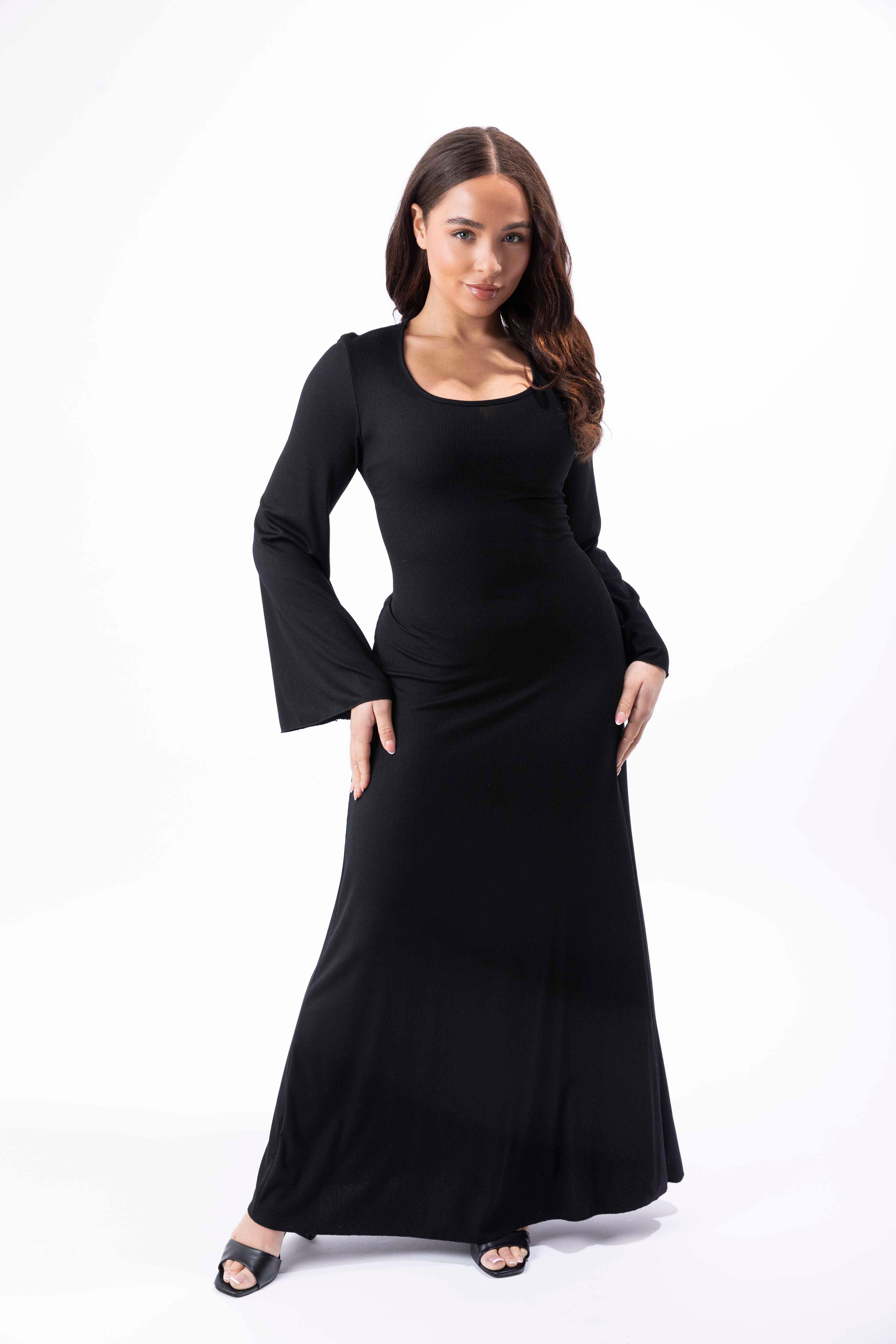 Bell Sleeve Tie Up Back Ribbed A-Line Maxi Dress