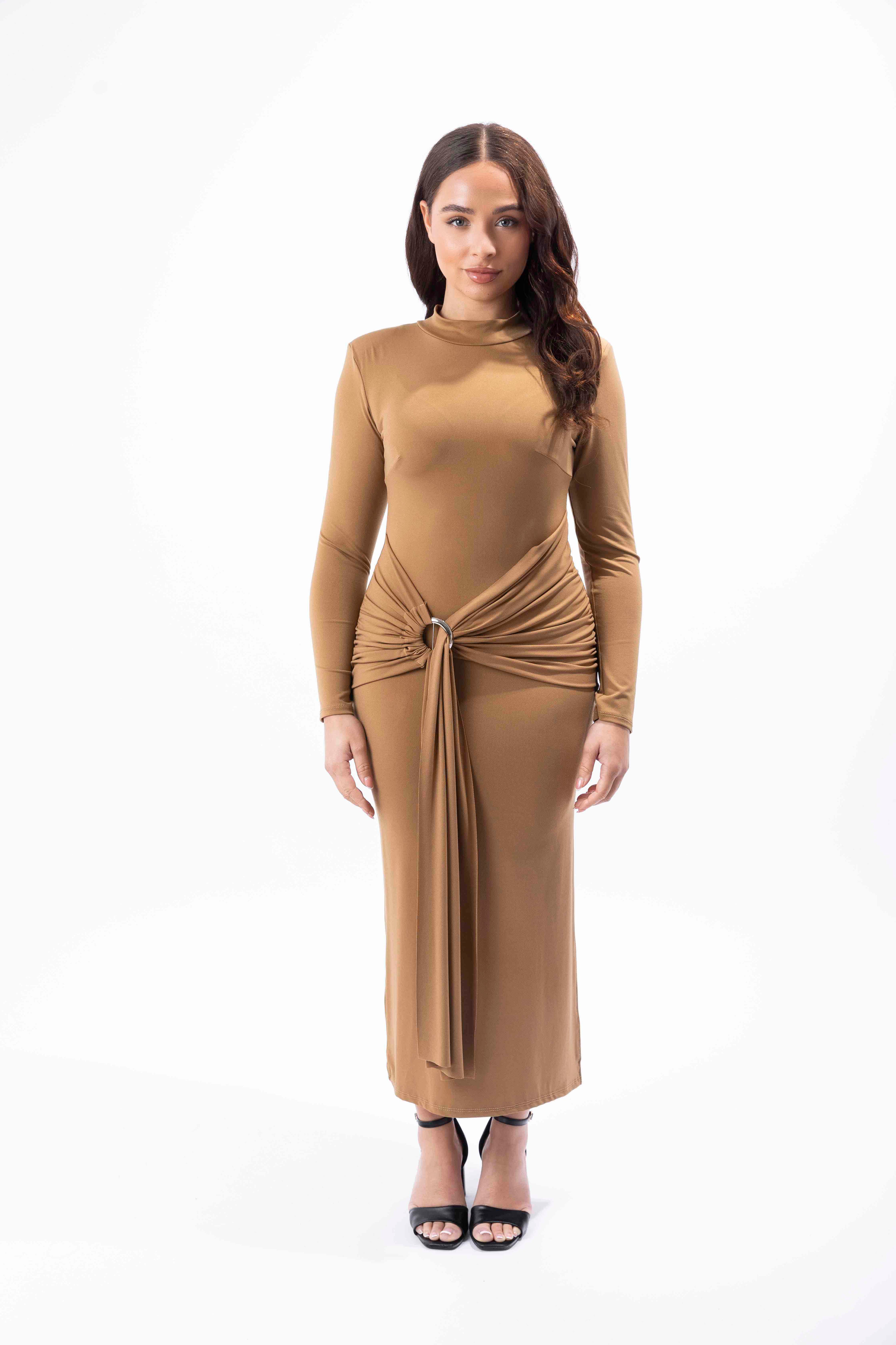 Mock Neck Side Slit Twist Buckle Waist Long Bodycon Dress