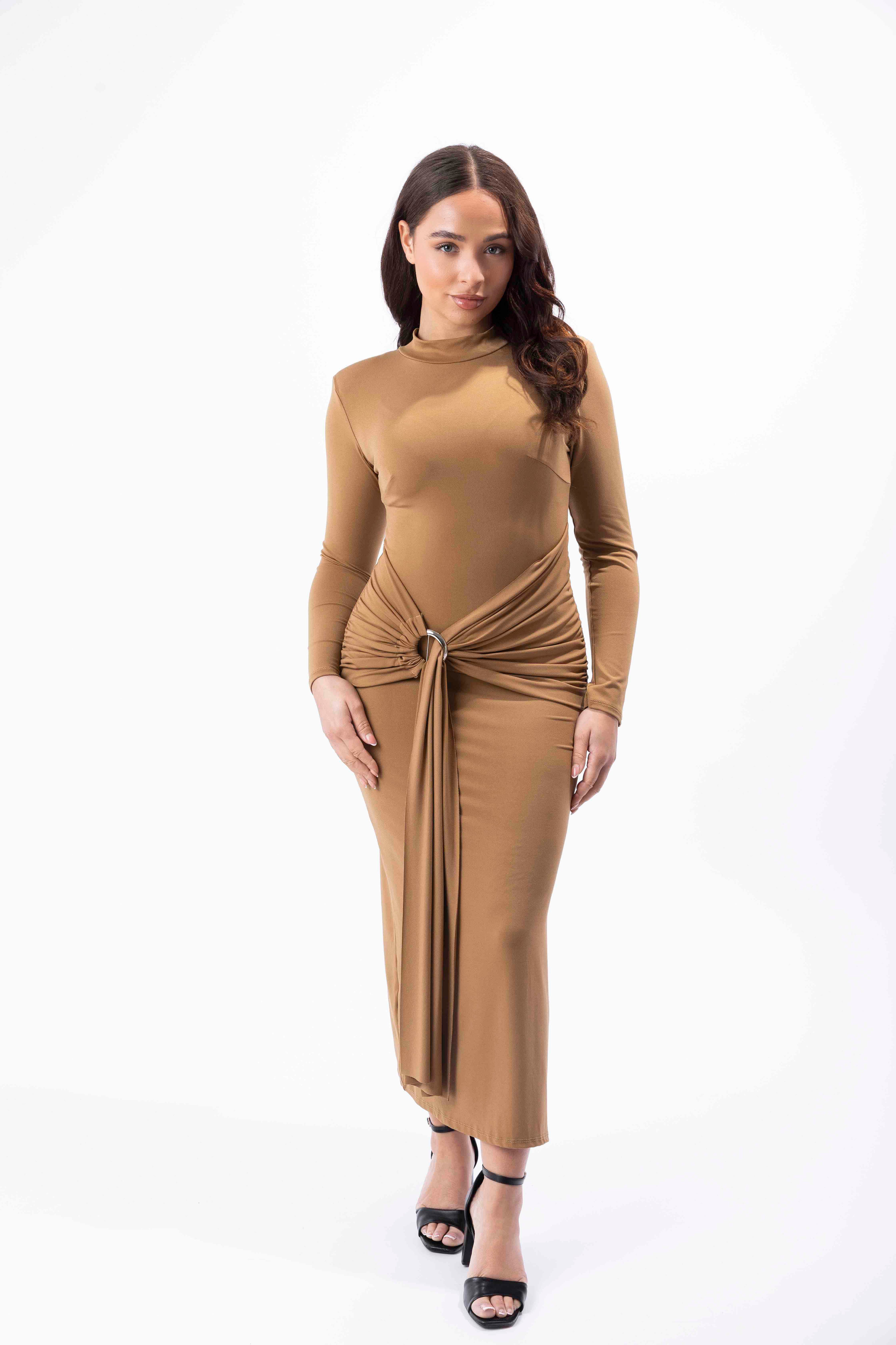 Mock Neck Side Slit Twist Buckle Waist Long Bodycon Dress