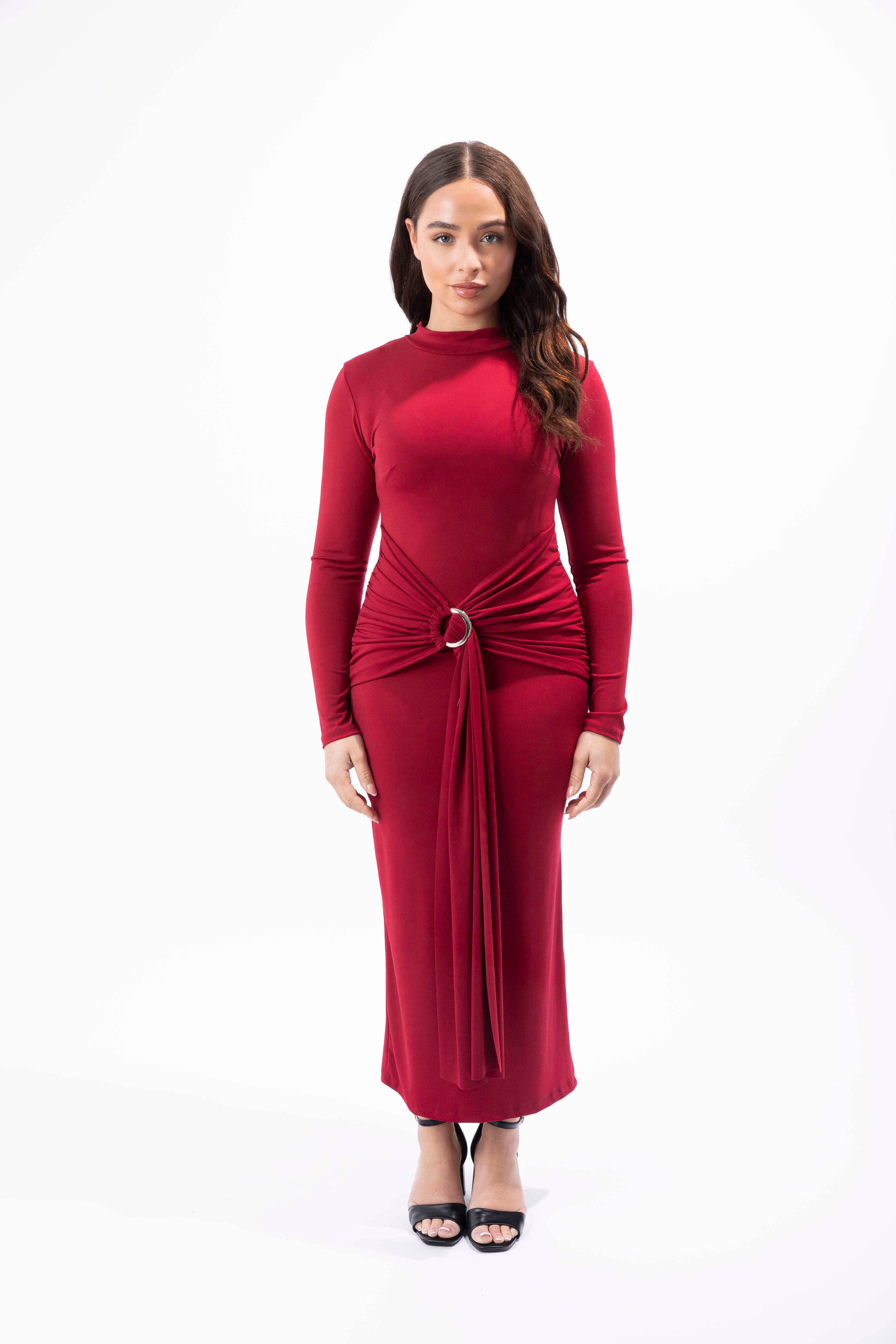 Mock Neck Side Slit Twist Buckle Waist Long Bodycon Dress