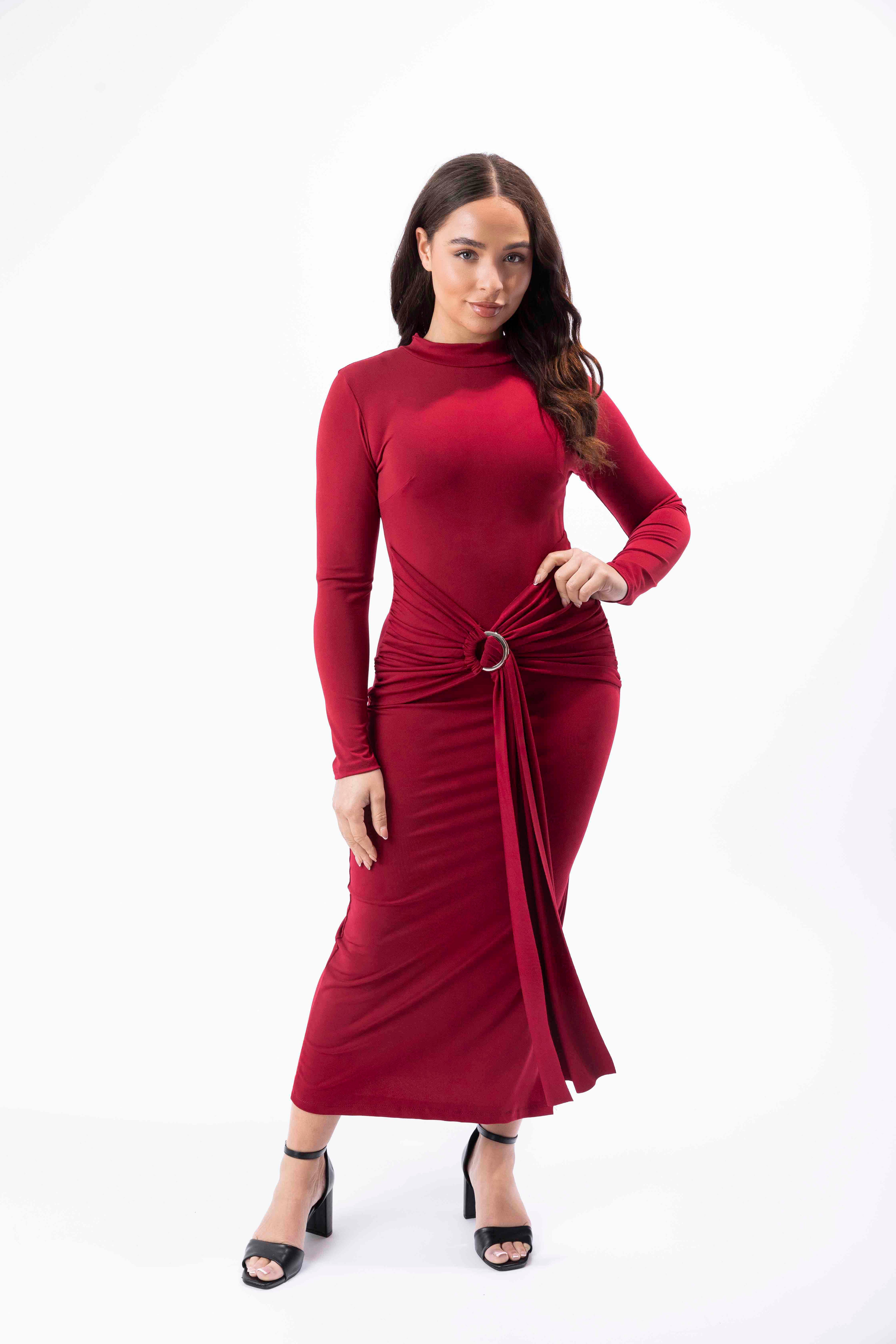 Mock Neck Side Slit Twist Buckle Waist Long Bodycon Dress