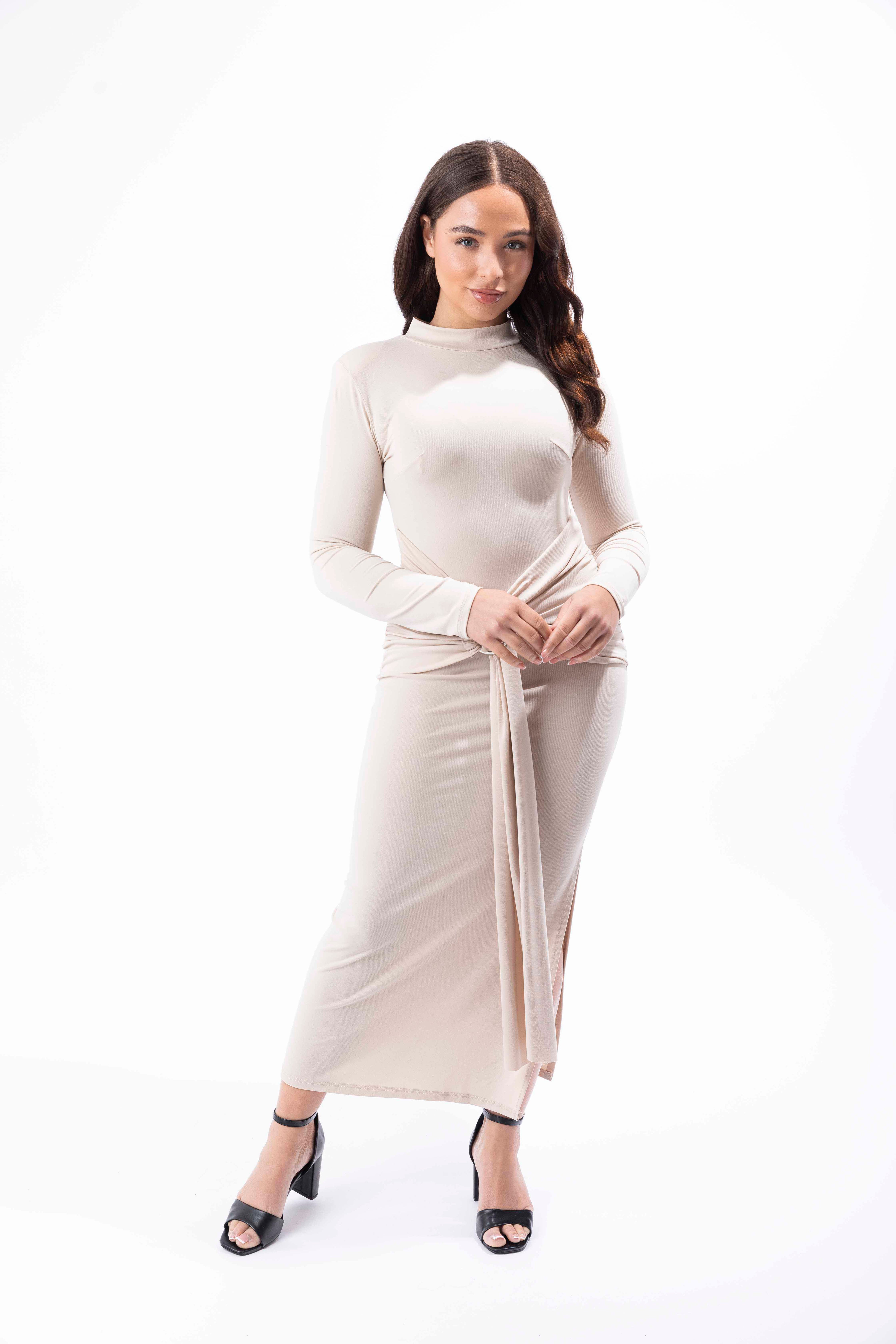 Mock Neck Side Slit Twist Buckle Waist Long Bodycon Dress