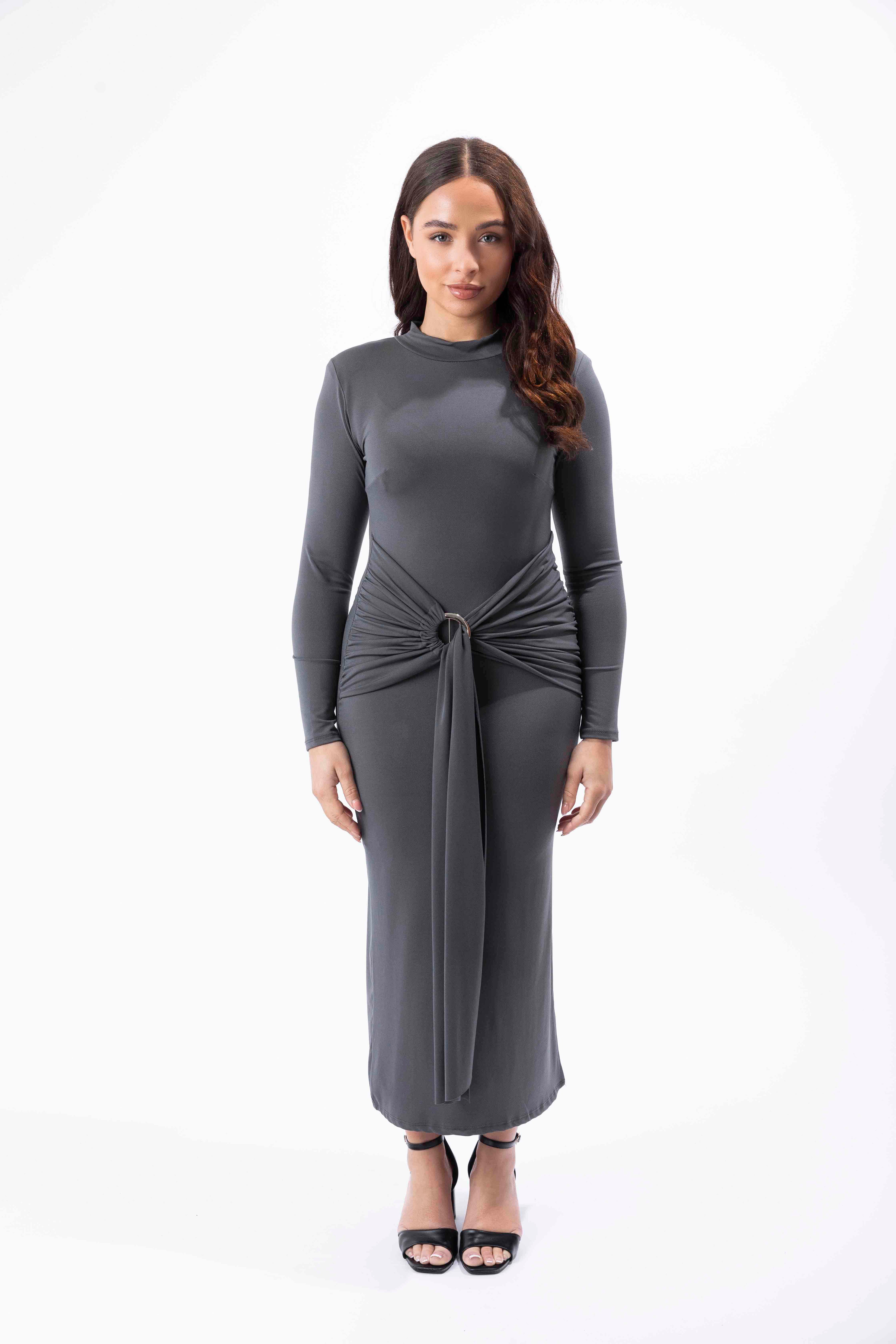 Mock Neck Side Slit Twist Buckle Waist Long Bodycon Dress