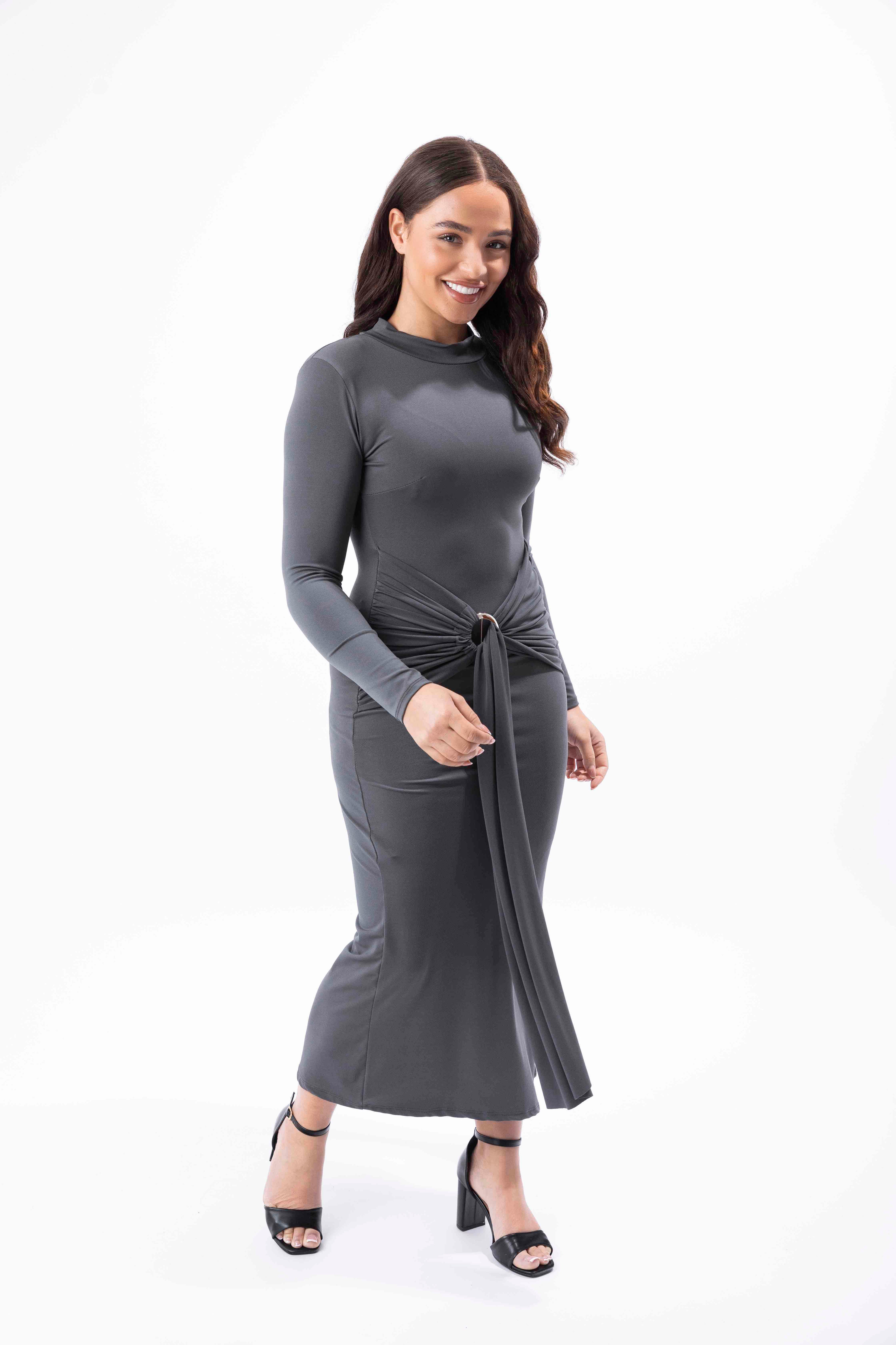 Mock Neck Side Slit Twist Buckle Waist Long Bodycon Dress