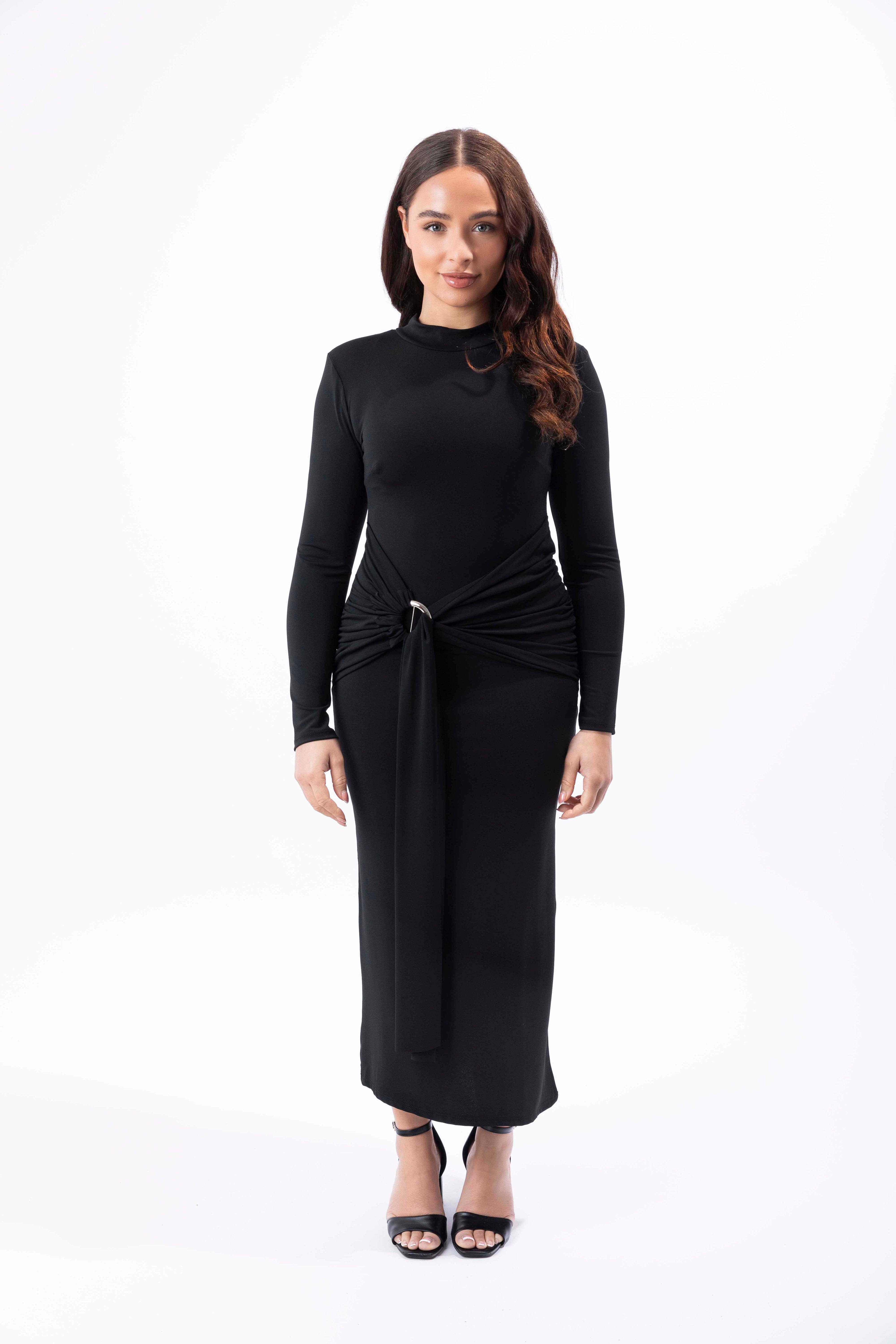 Mock Neck Side Slit Twist Buckle Waist Long Bodycon Dress