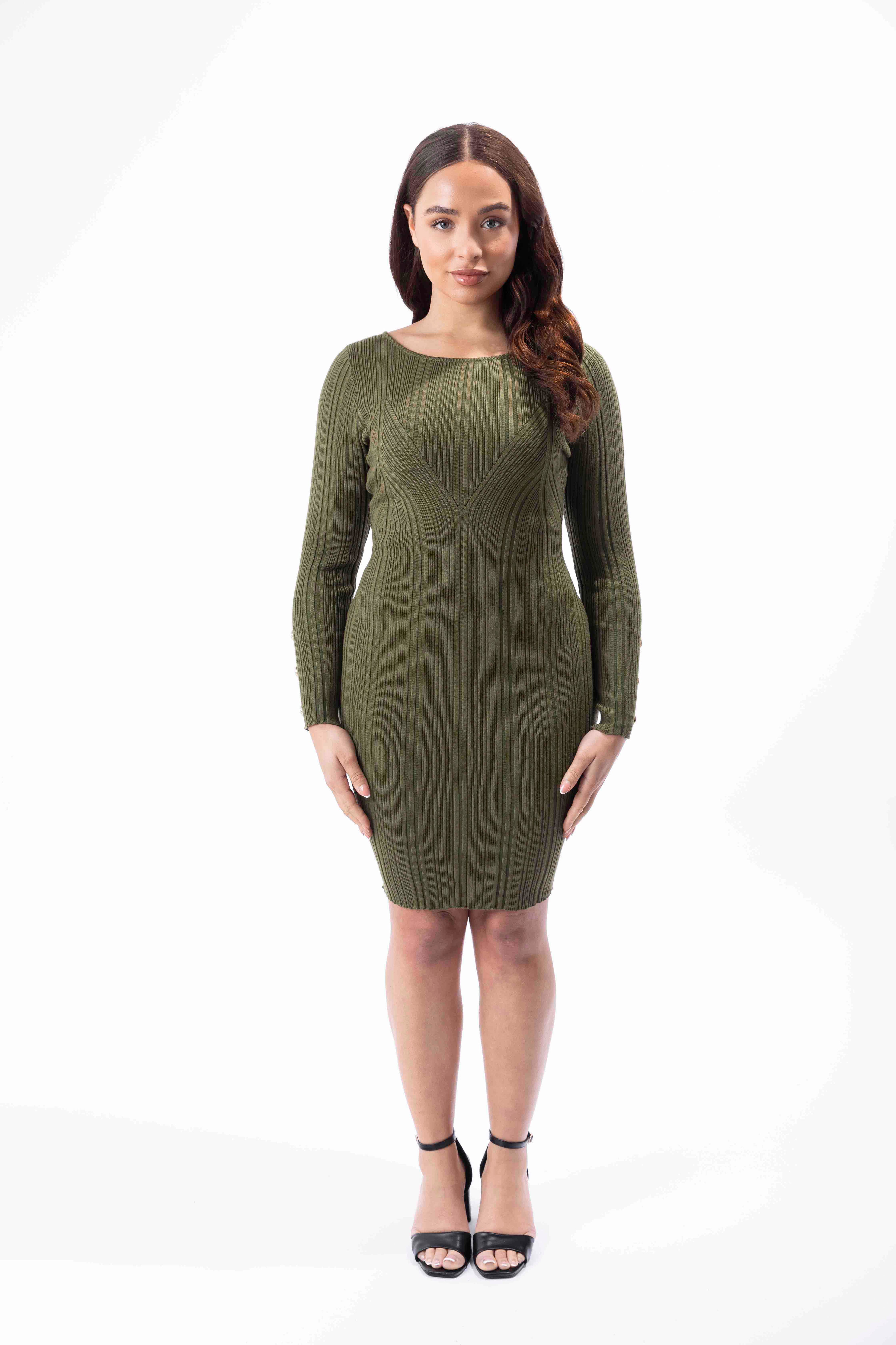 Viscose Blend Ribbed Knit Long Sleeve Button Detail Knee Length Dress