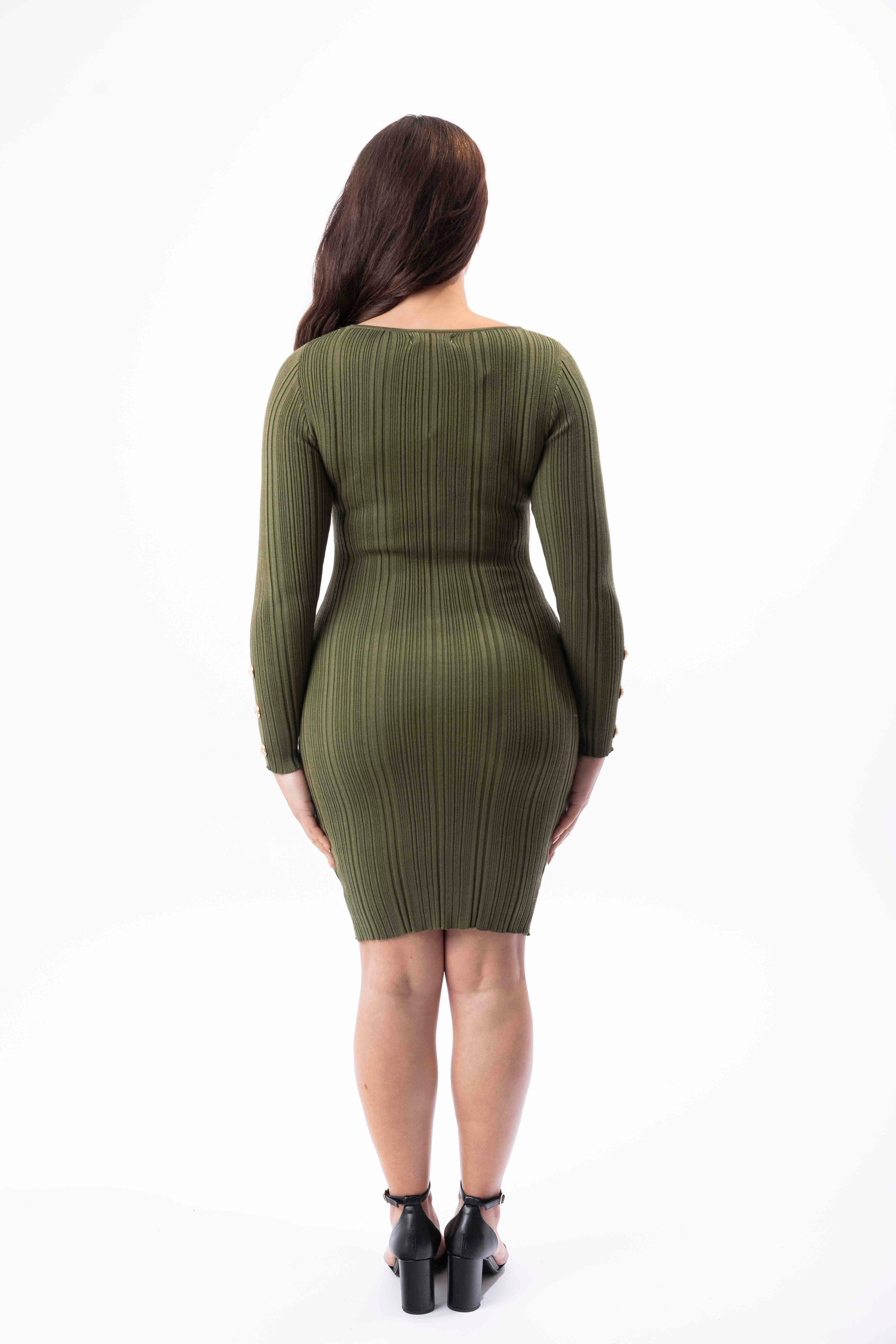 Viscose Blend Ribbed Knit Long Sleeve Button Detail Knee Length Dress