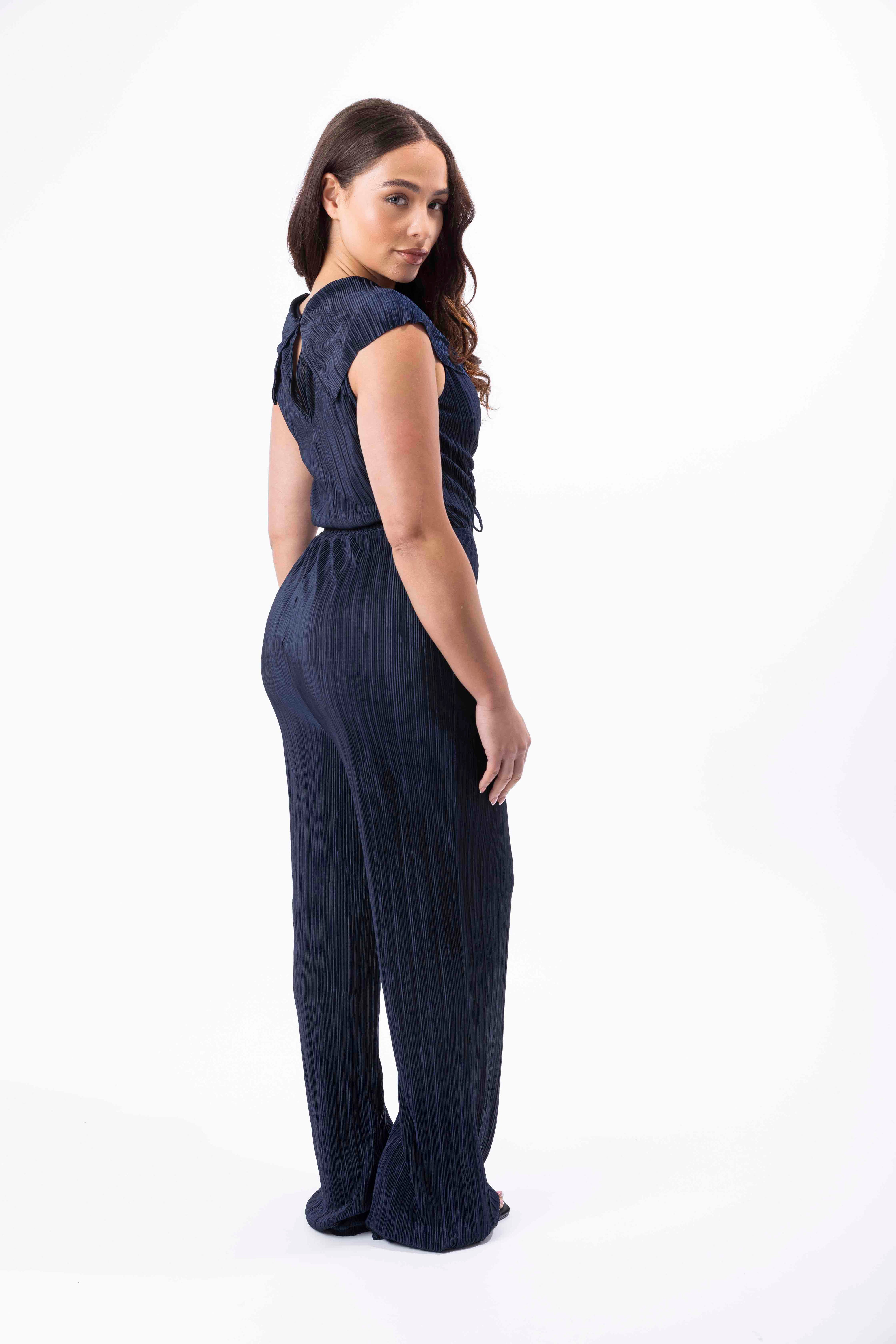 Cut Out Drawstring Tall Wide Leg Satin Plisse Jumpsuit-SinglePrice