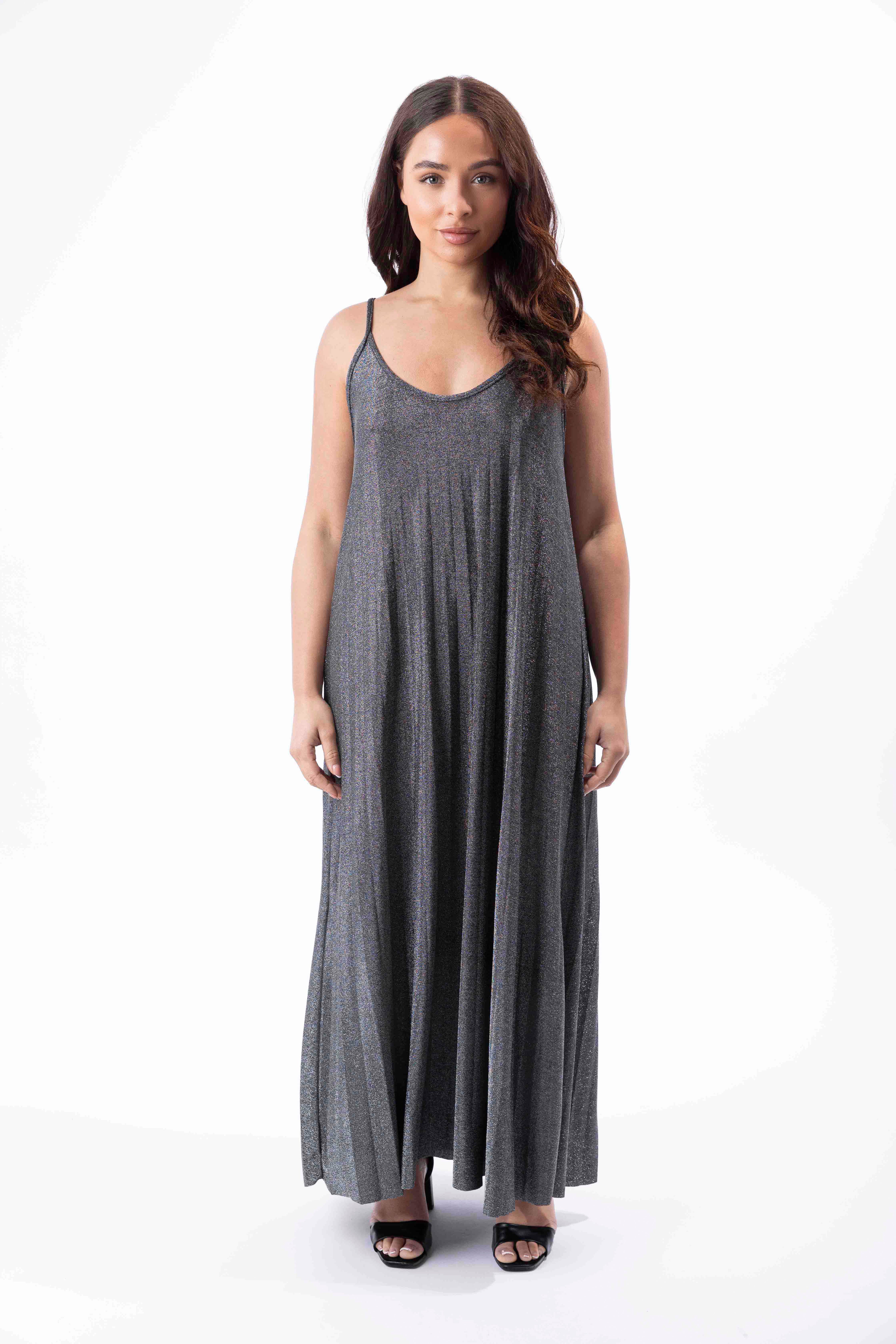 Pleated Sheet Shimmer Strappy Holiday Maxi Dress