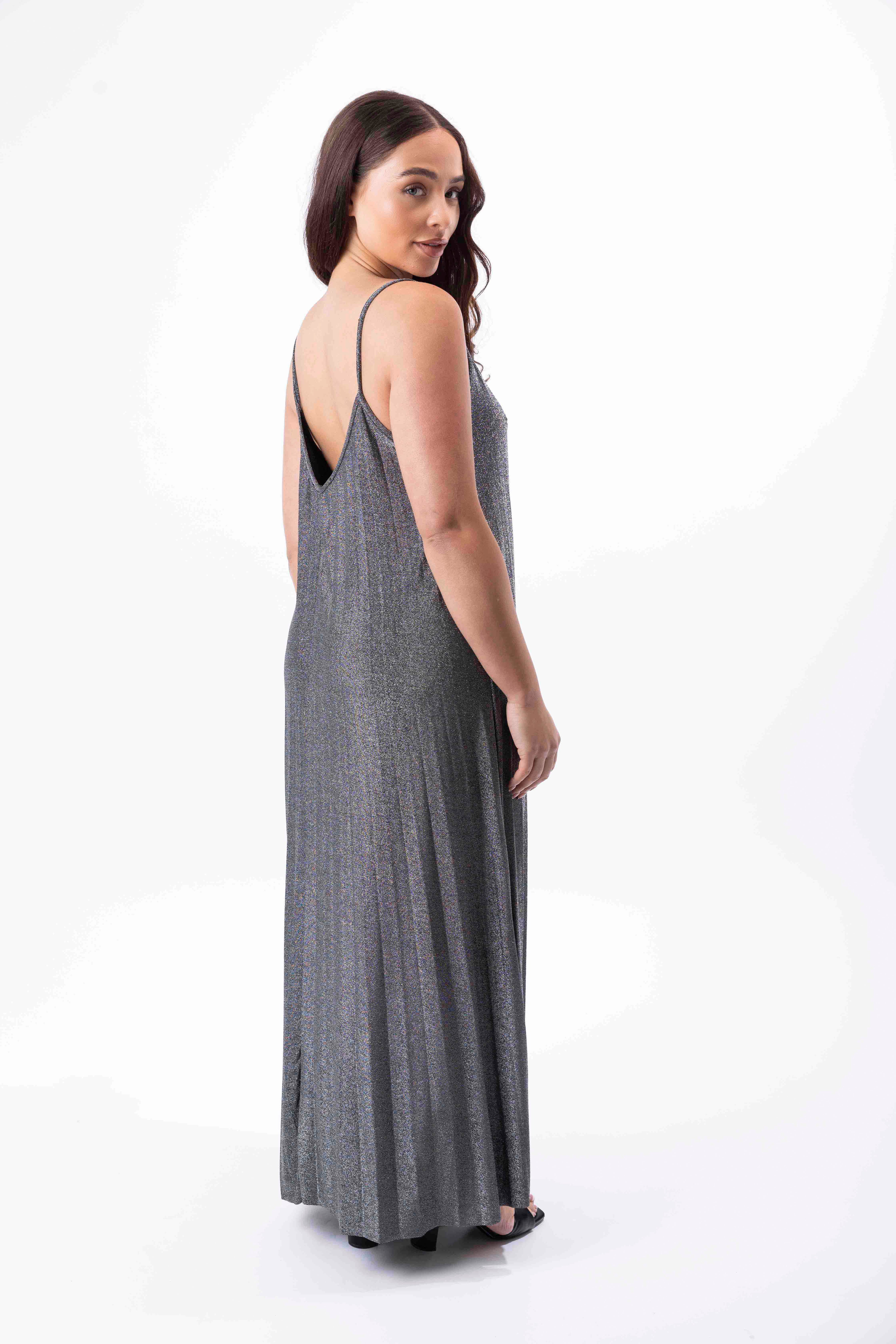 Pleated Sheet Shimmer Strappy Holiday Maxi Dress