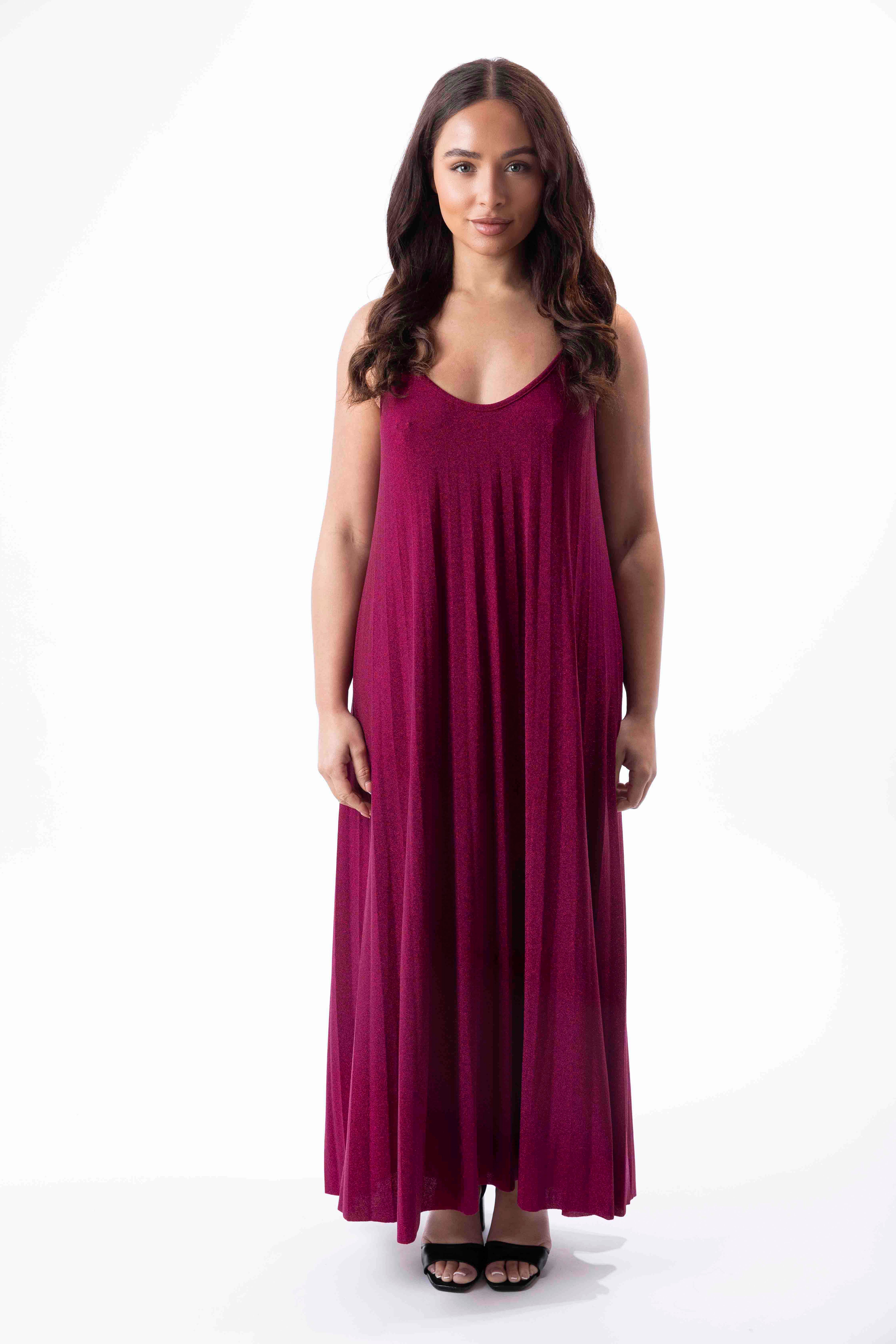 Pleated Sheer Shimmer Strappy Holiday Maxi Dress