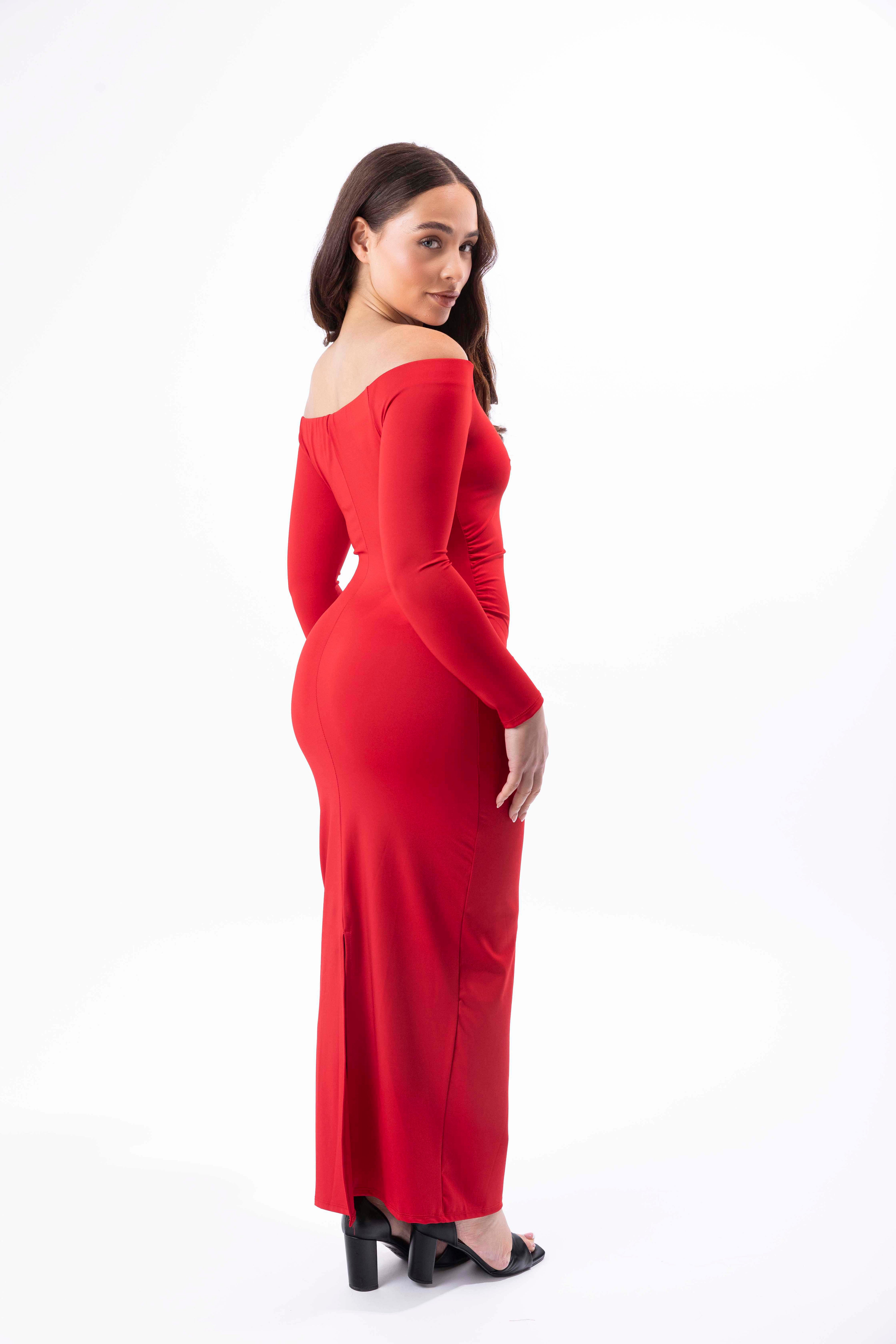 Off Shoulder Back Slit Slinky Maxi Dress