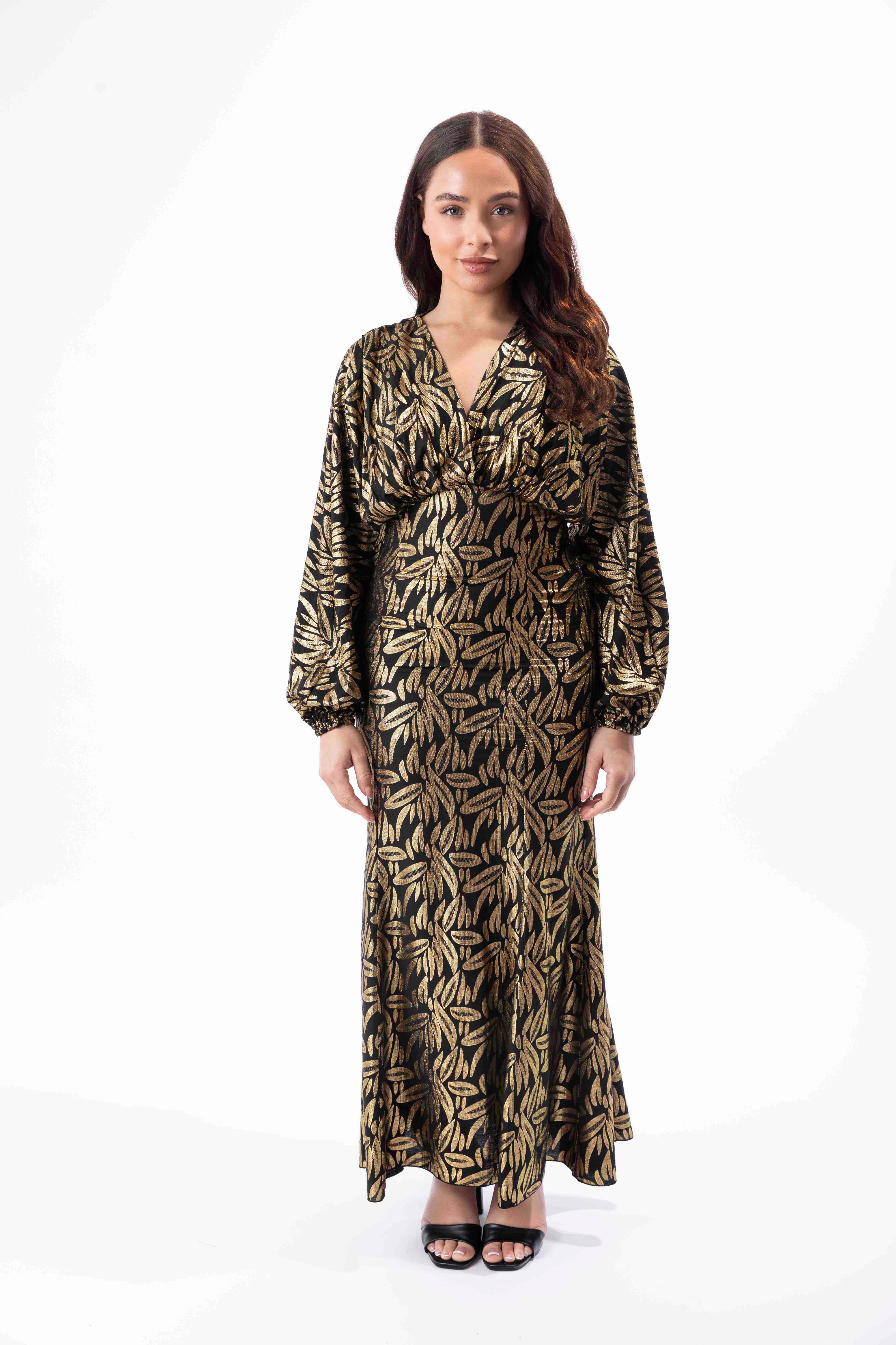 Gold Foil Print Long A-Line Dress