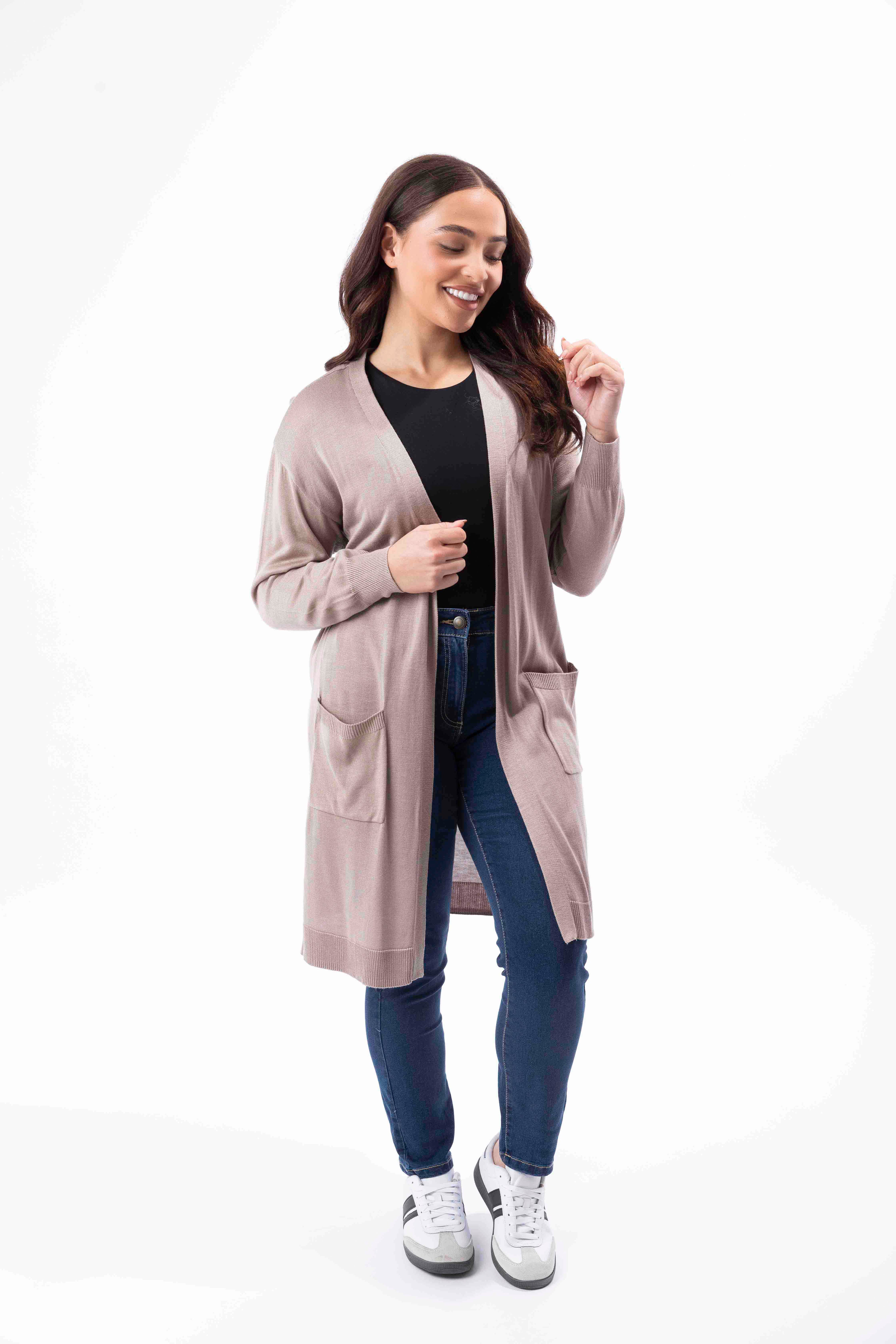 Flat Knit Front Pocket Open Longline Cardigan